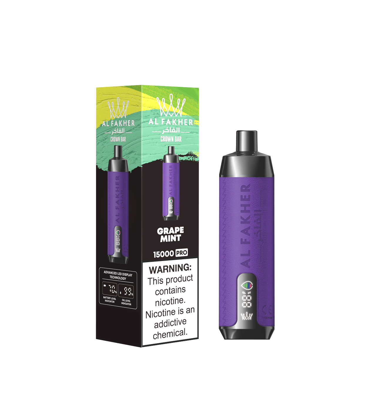 AL FAKHER Crown Bar 15K Puffs Disposable Vape – Grape Mint, 20ml, Rechargeable Type‑C, Smart LED Display