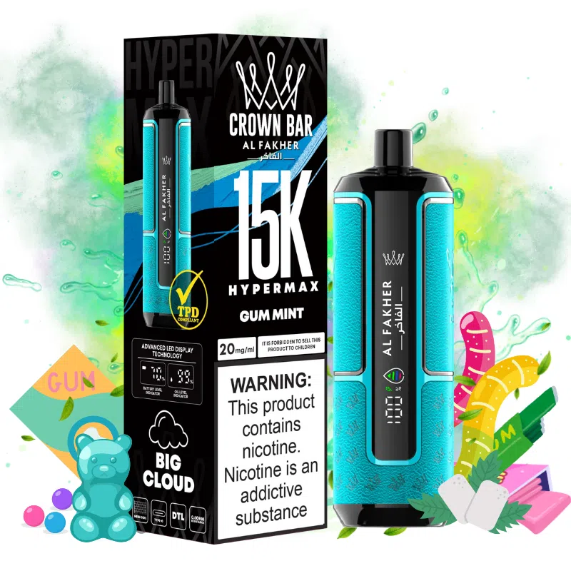 AL FAKHER Hypermax Gum Mint 15000 Puffs (30ml, 5% Nicotine) – Rechargeable Type‑C Vape with Smart Display