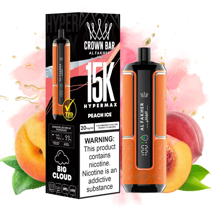 AL FAKHER Hypermax Peach Ice 15000 Puffs (30ml, 5% Nicotine) – Rechargeable Type‑C, Smart Display