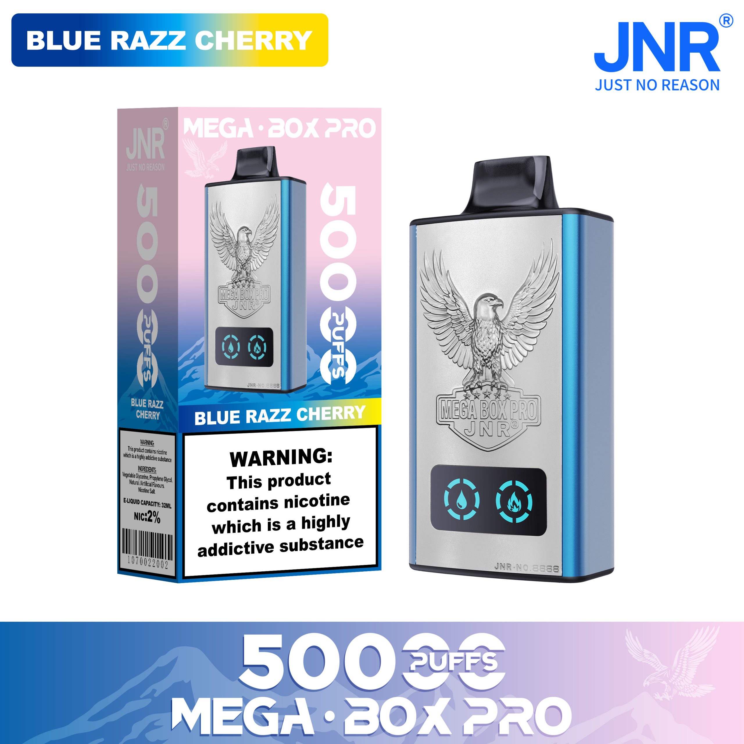 JNR Mega Box Pro 50000 Puffs Blue Razz Cherry Disposable Vape – 32ml, Dual Mesh Coil, LED Display, Type‑C Rechargeable
