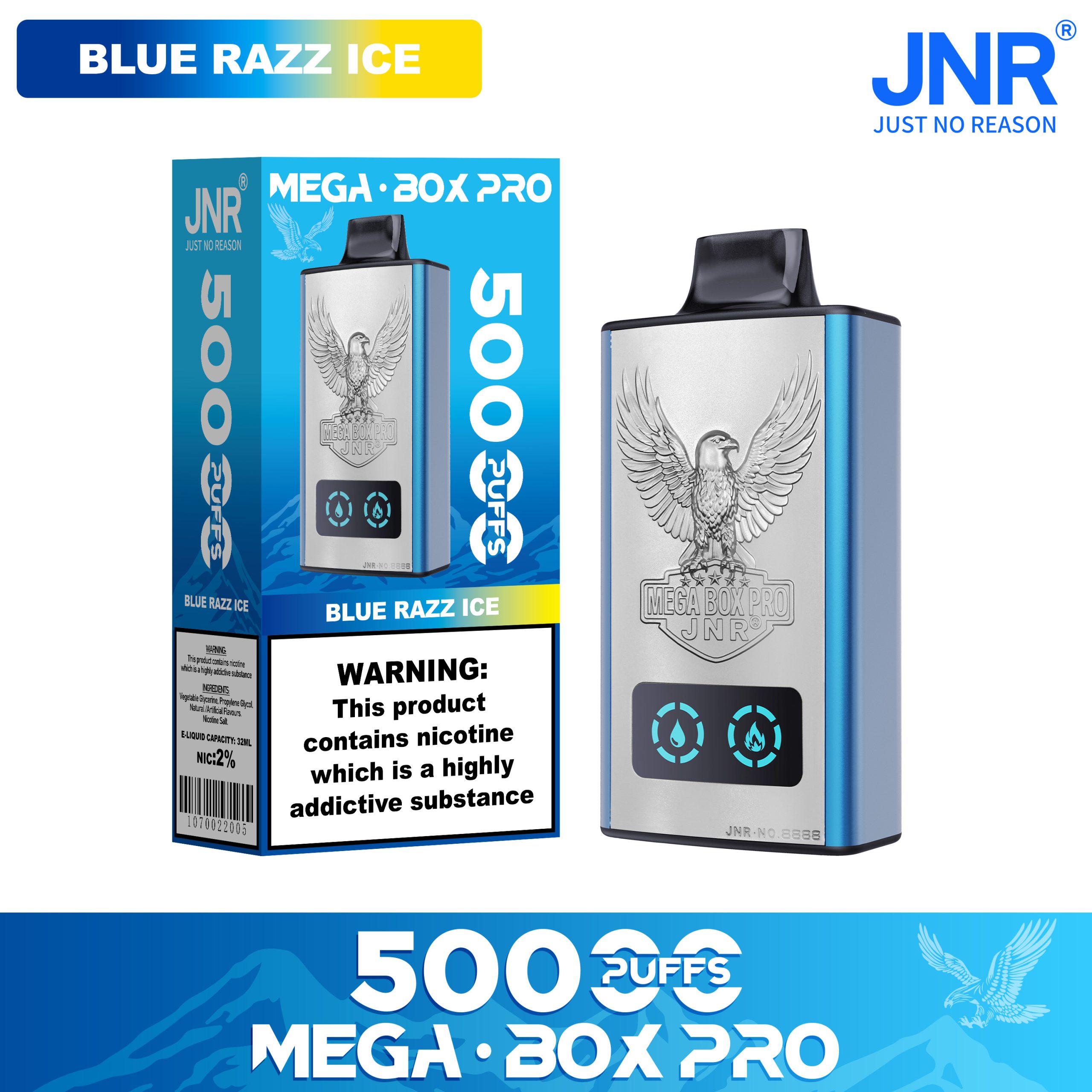 JNR Mega Box Pro Blue Razz Ice 50000 Puffs – 32ml, Dual Mesh, LED Display, 850mAh (Type‑C)
