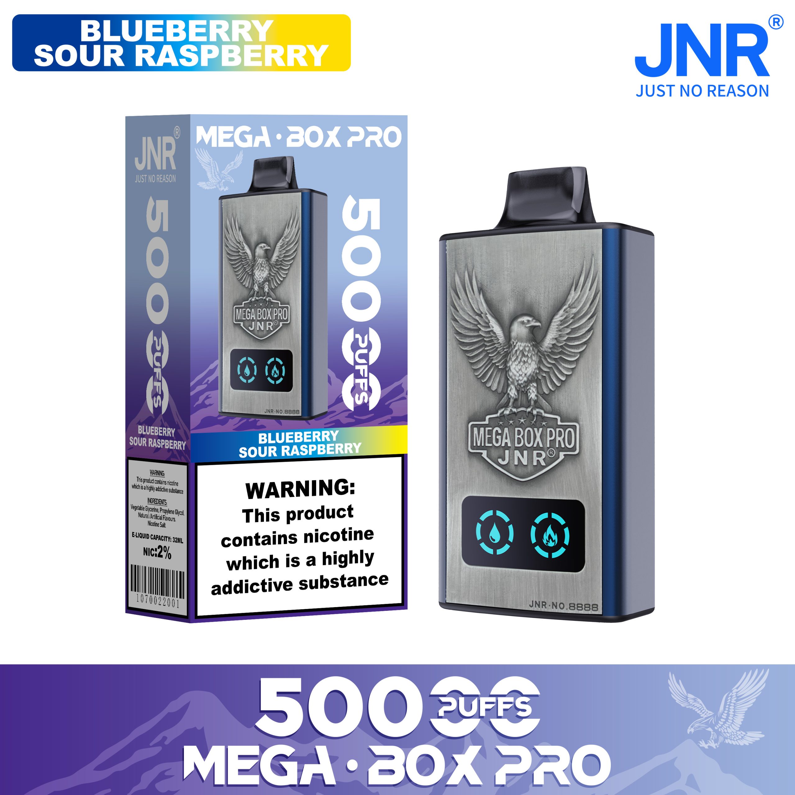 JNR Mega Box Pro 50000 Puffs Blueberry Sour Raspberry – 32ml, Dual Mesh, LED Display, Type‑C