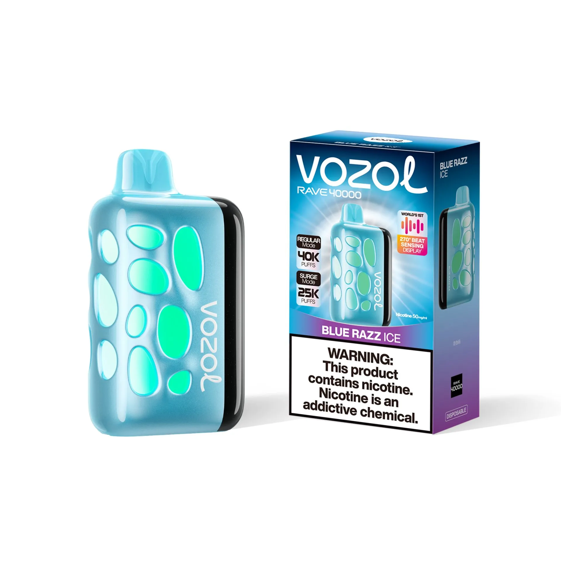 Vozol Rave 40000 Puffs Blue Razz Ice Disposable Vape (5% Nic) – 270° Touchscreen, Dual Mesh, Adjustable Airflow