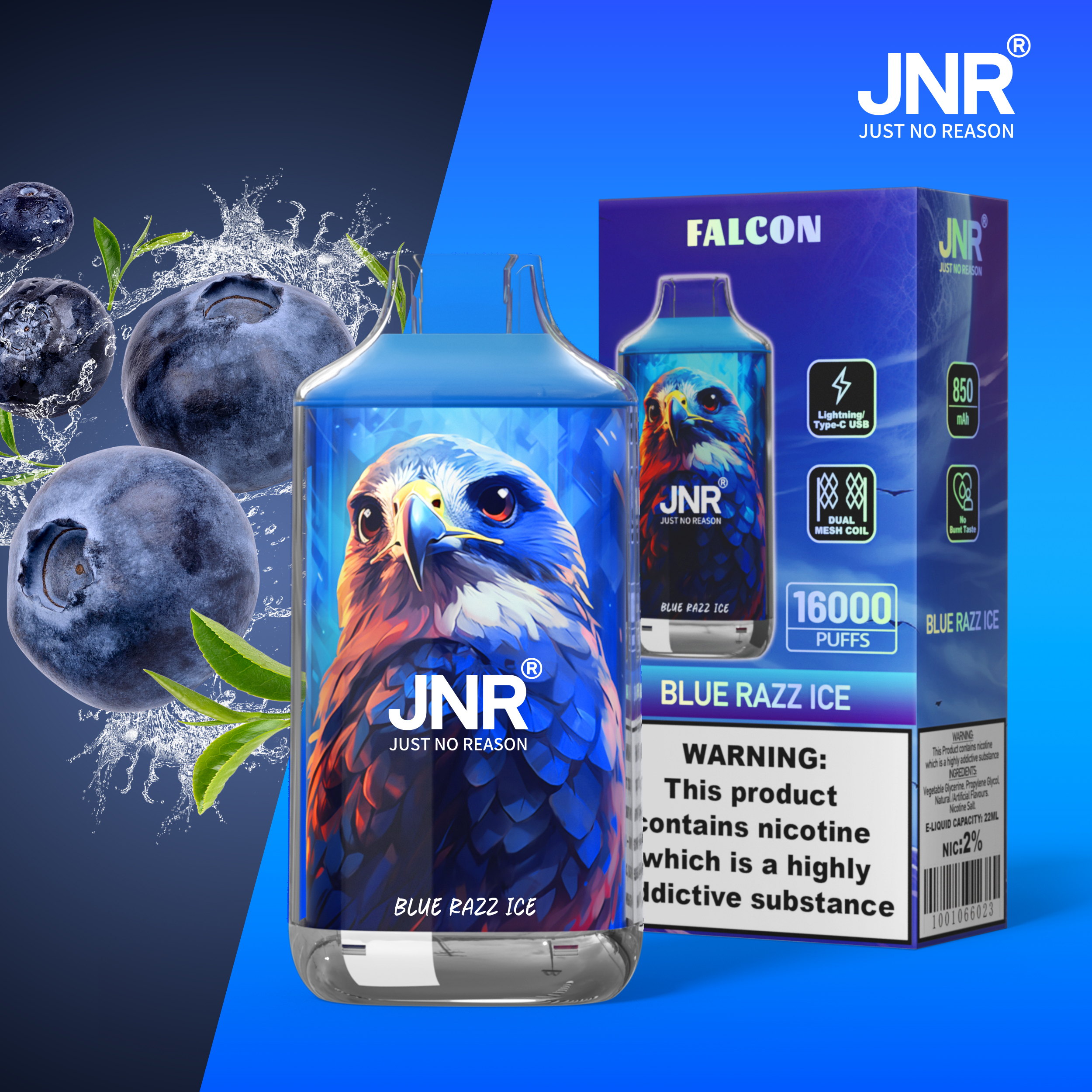 JNR Falcon 16000 Puffs Blue Razz Ice Disposable Vape (22ml, Dual Mesh, Adjustable Airflow)