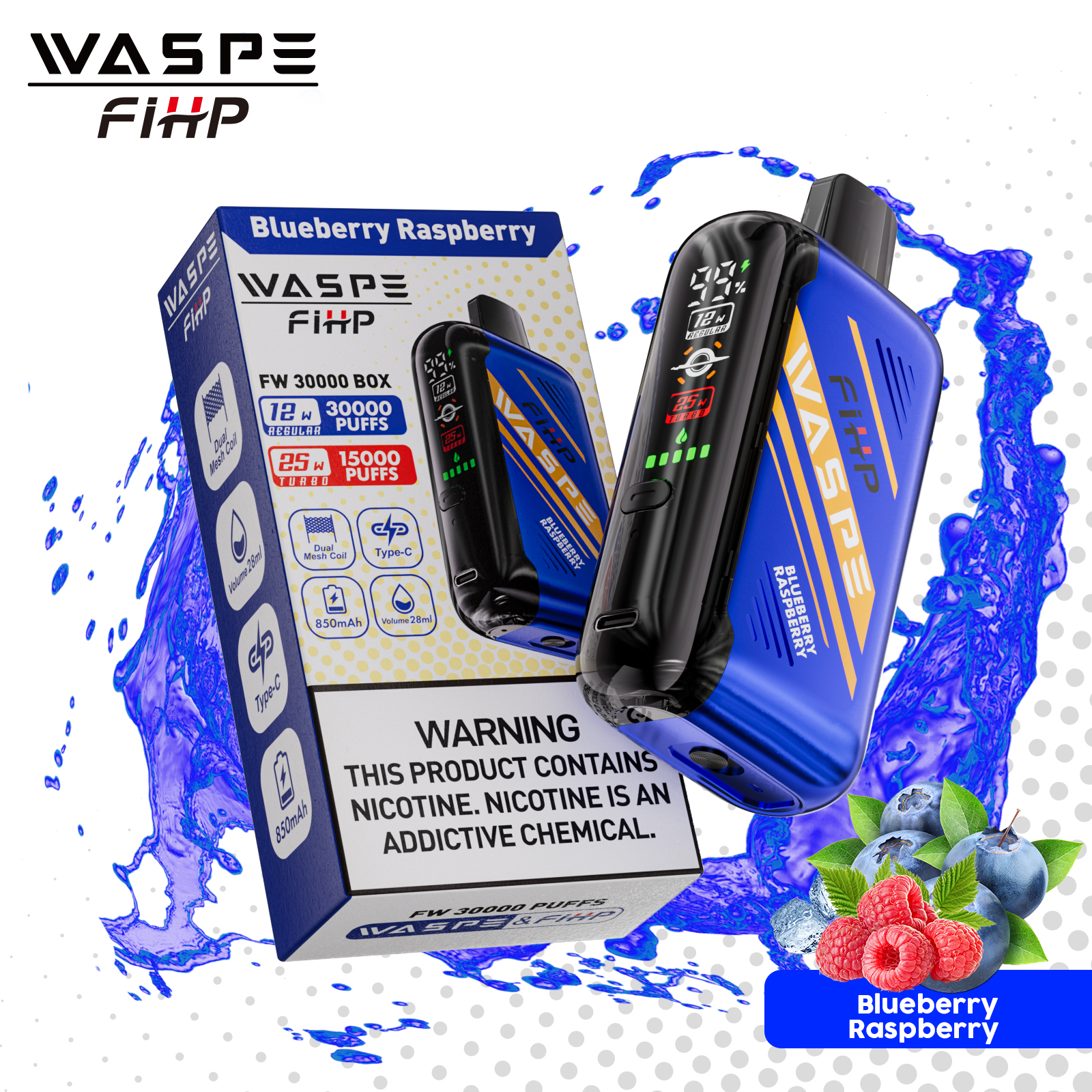 WASPE FW-30000 Disposable Vape (30,000 Puffs) – Blueberry Raspberry | Dual Mesh, LED Display, Adjustable Airflow