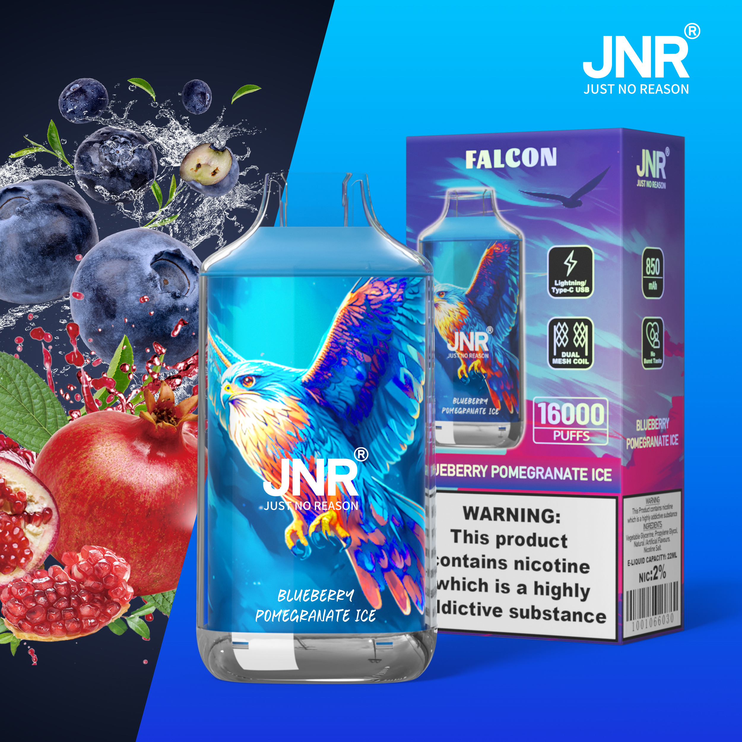 JNR Falcon 16000 Puffs Blueberry Pomegranate Ice Disposable Vape (22ml, Dual Mesh, Adjustable Airflow)