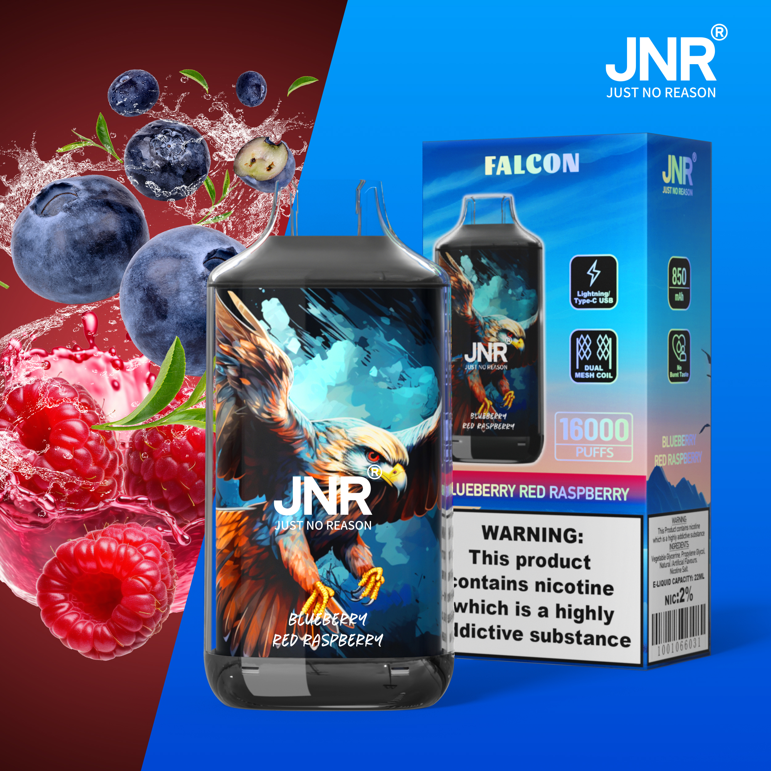 JNR Falcon 16000 Puffs Blueberry Red Raspberry Disposable Vape (22ml, Dual Mesh, Adjustable Airflow)