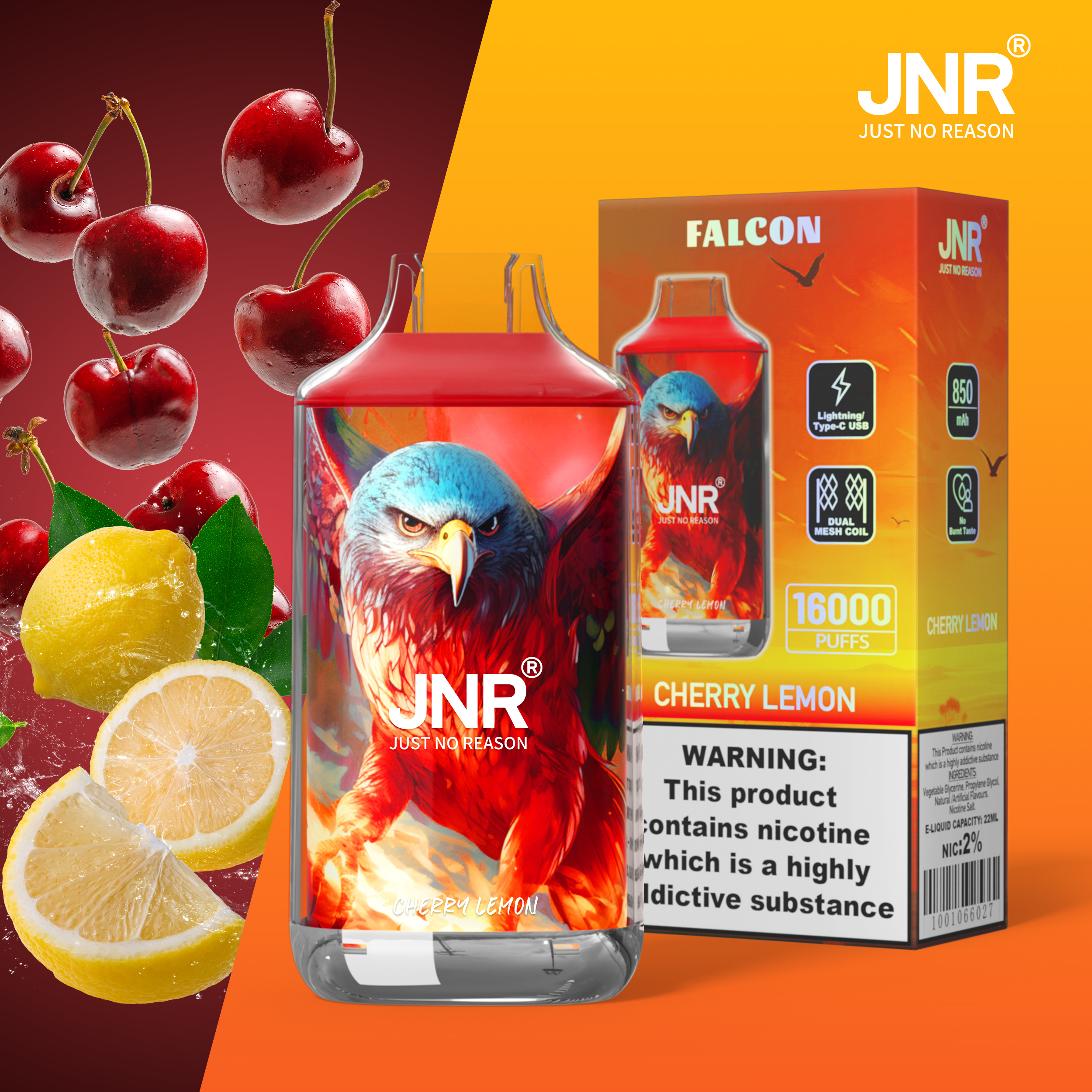 JNR Falcon 16000 Puffs Cherry Lemon Disposable Vape (22ml, Dual Mesh, Adjustable Airflow)