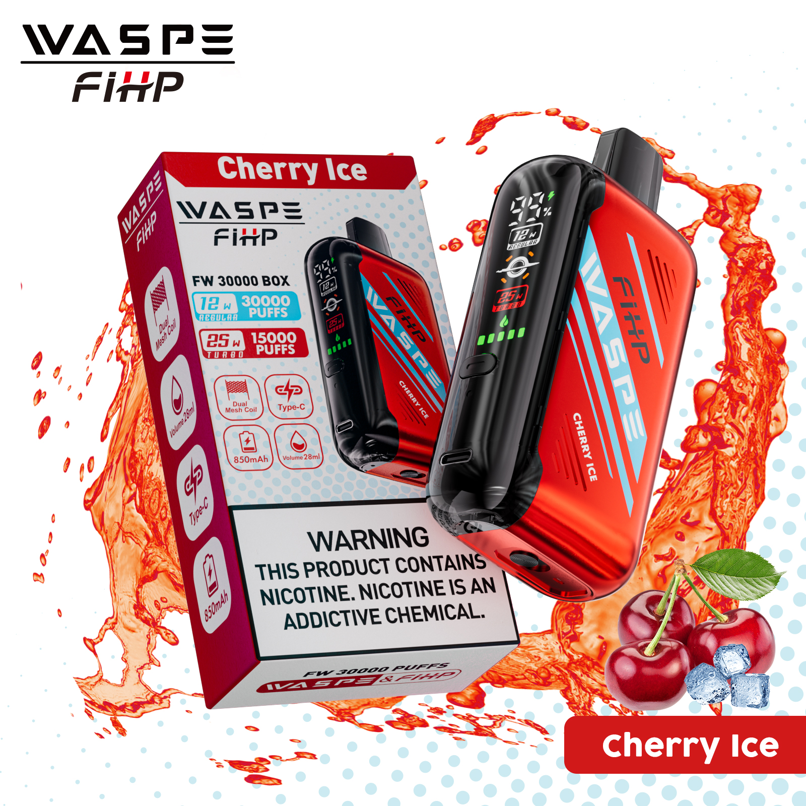 WASPE FW-30000 Disposable Vape (Cherry Ice) – 30,000 Puffs, LED Display, Dual Mesh, Adjustable Airflow