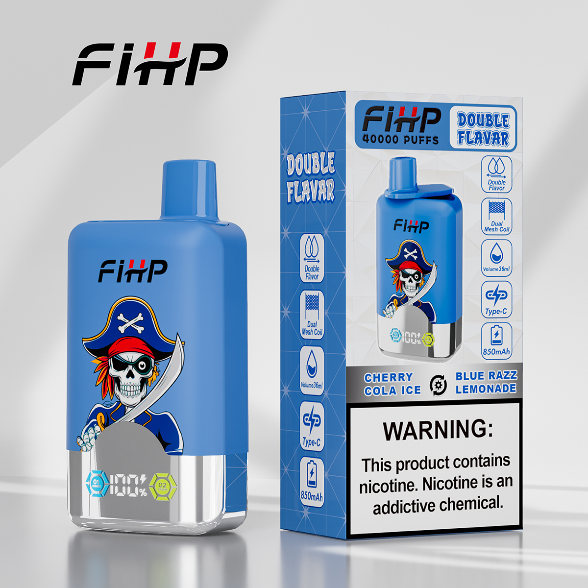 FIHP Double Flavor 40000 Puffs Disposable Vape – Blue Razz Lemonade & Cherry Cola Ice (Dual Mesh, 36ml, Type‑C, LED)