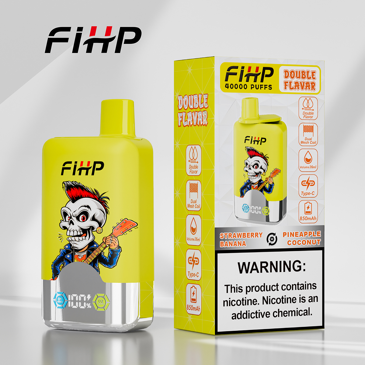 FIHP Double Flavor 40000 Puffs Disposable Vape (Pineapple Coconut & Strawberry Banana) – Type‑C Rechargeable, LED Display, Dual Mesh Coil