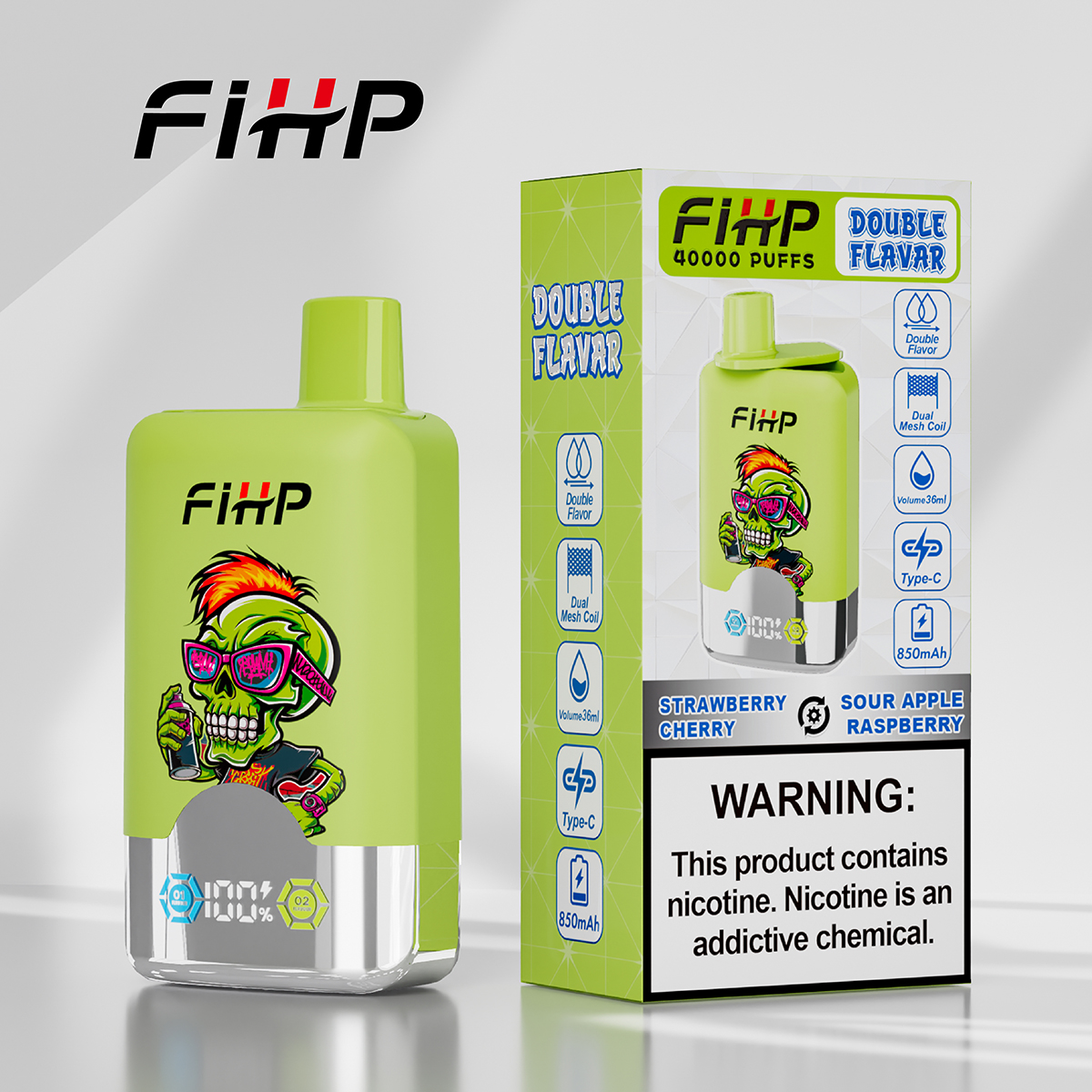 FIHP Double Flavor 40000 Puffs Disposable Vape – Sour Apple Raspberry & Strawberry Cherry | Type‑C Rechargeable