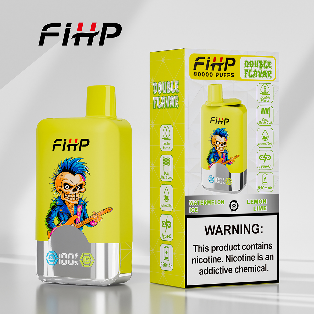 FIHP Double Flavor 40000 Puffs Disposable Vape – Lemon Lime & Watermelon Ice (Dual Mesh, Type‑C)