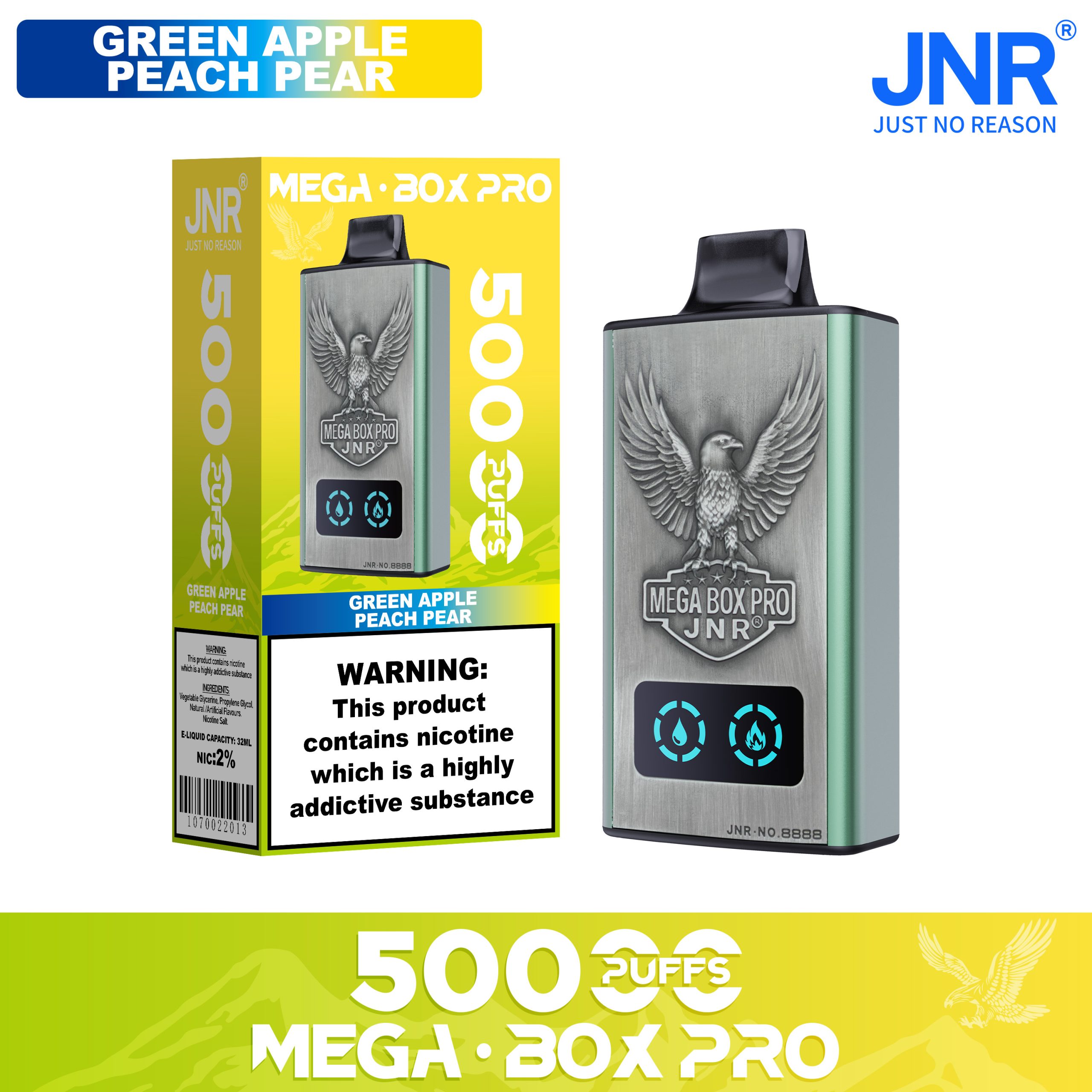 JNR Mega Box Pro 50000 Puffs – Green Apple Peach Pear (32ml, Dual Mesh, Type‑C, Display)