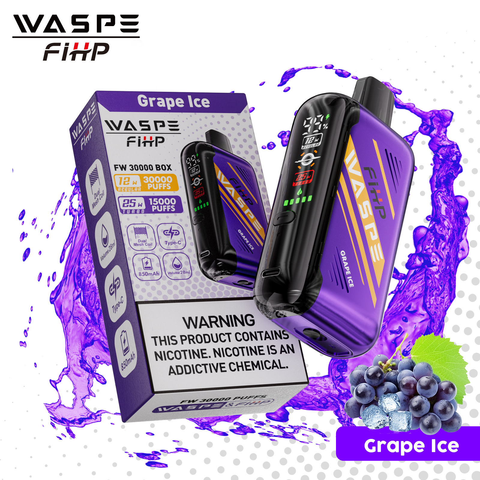 WASPE FW-30000 Grape Ice Disposable Vape (30,000 Puffs) – Dual Mesh, LED Display, Adjustable Airflow