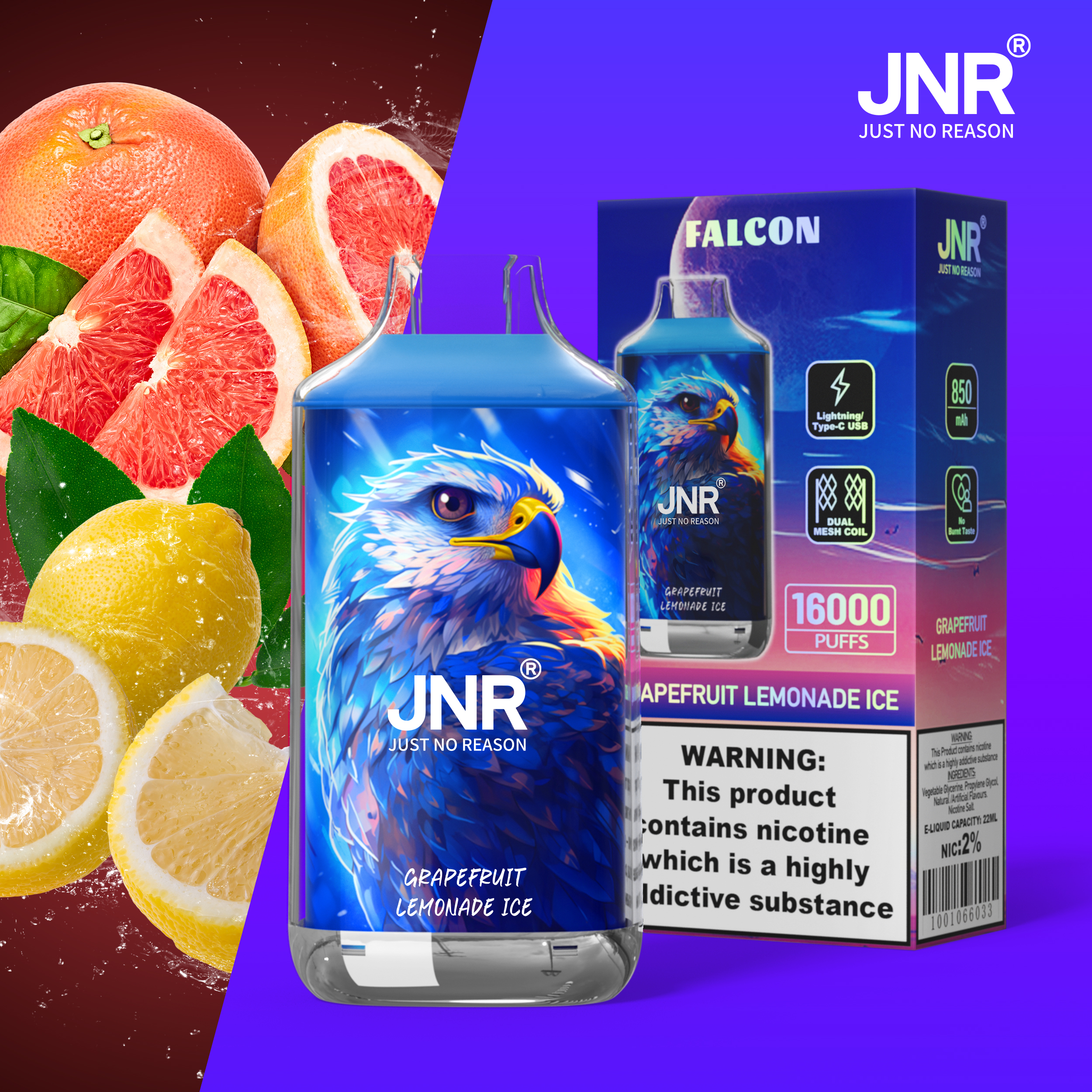 JNR Falcon 16000 Puffs Grapefruit Lemonade Ice Disposable Vape (22ml, Dual Mesh, Adjustable Airflow)