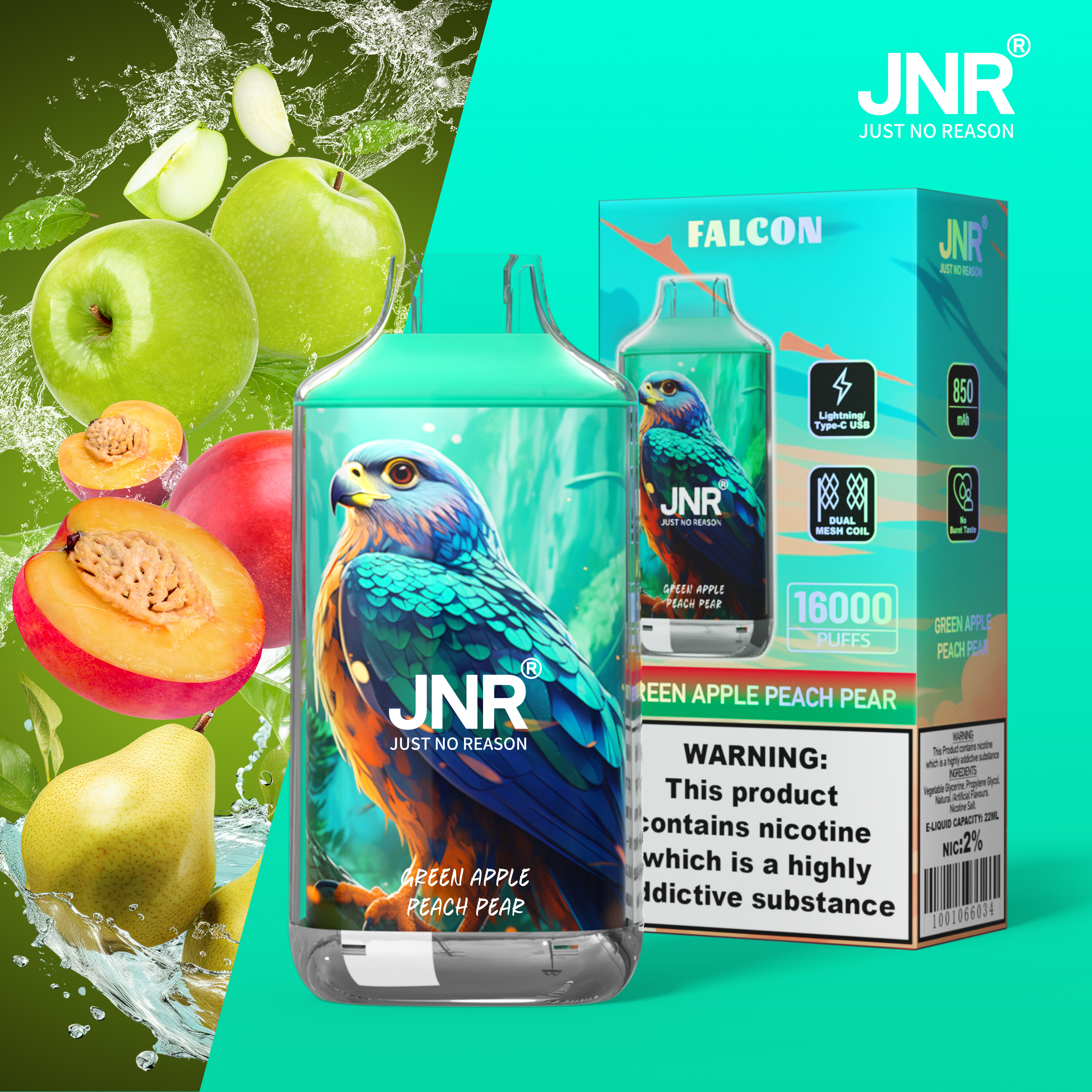 JNR Falcon 16000 Puffs Disposable Vape – Green Apple Peach Pear (22ml, Dual Mesh, Adjustable Airflow)
