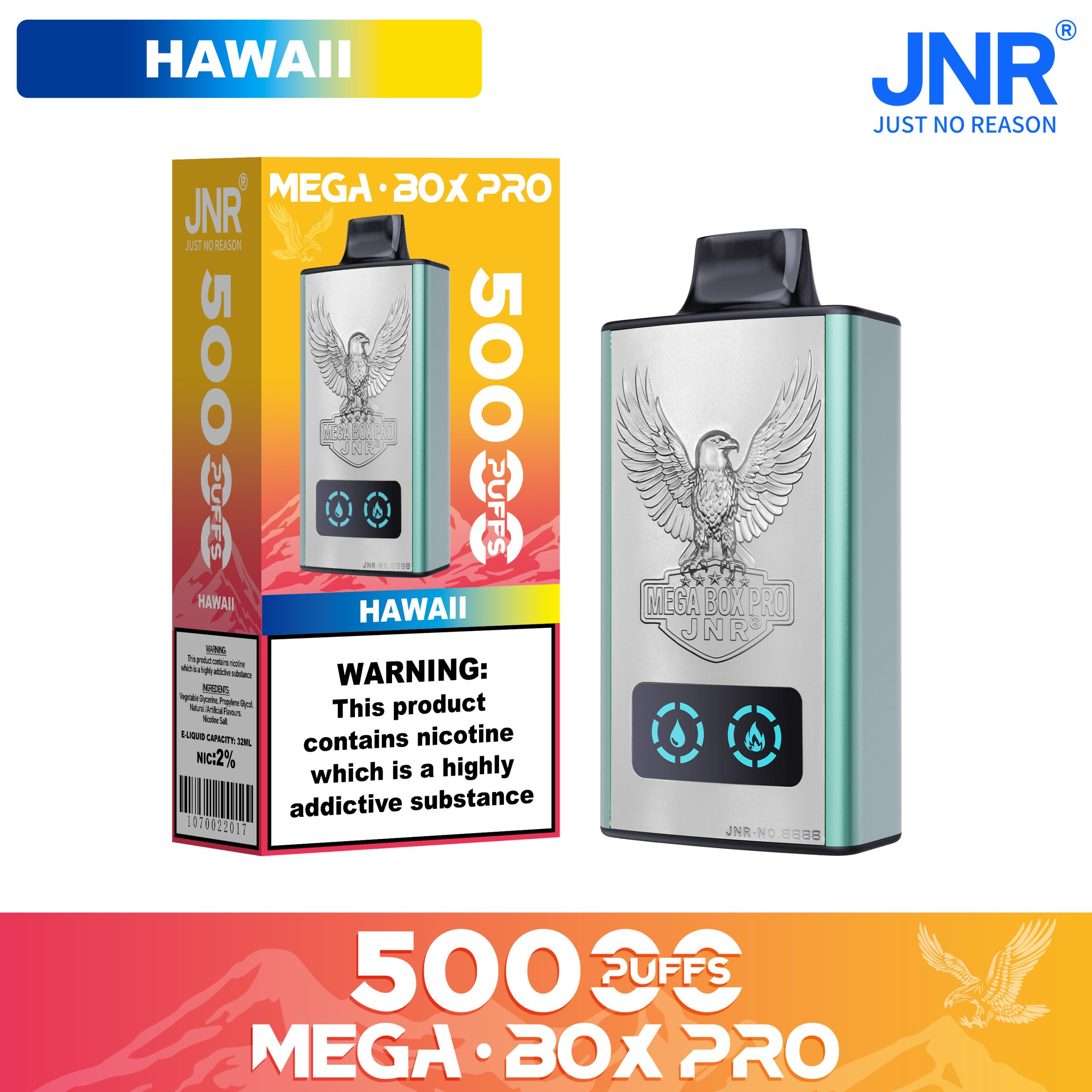 JNR Mega Box Pro Hawaii 50000 Puffs – Tropical Fruit Disposable Vape, 32ml, 850mAh, LED Display (0/2/5%)