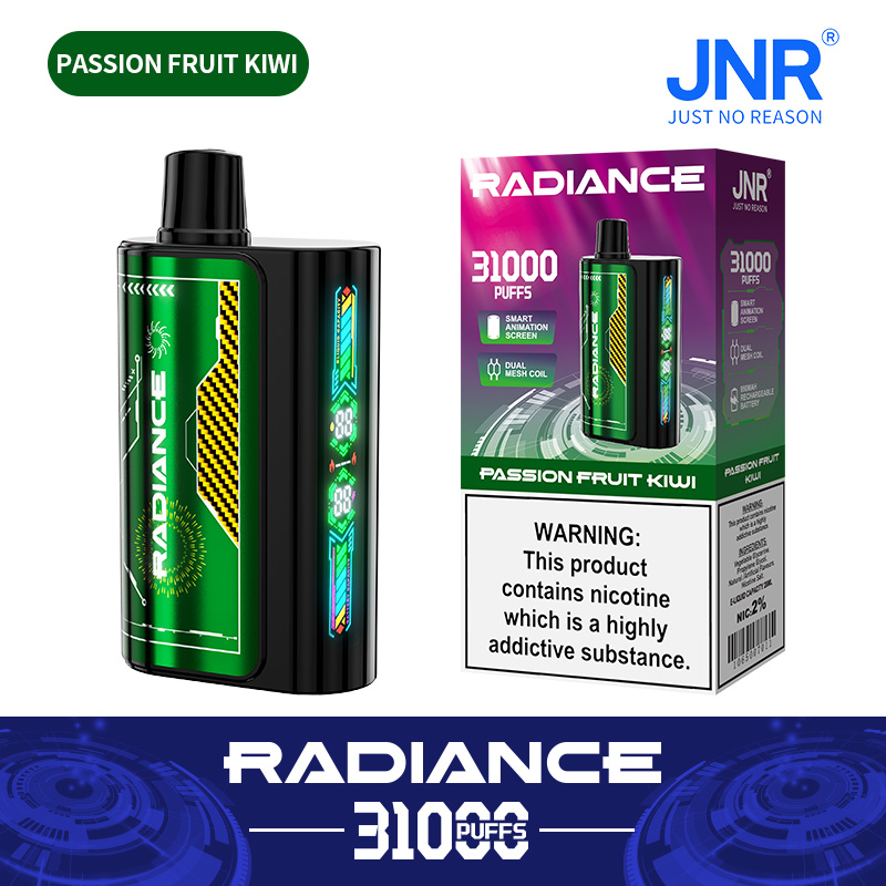 JNR Radiance 31000 Puffs Disposable Vape – Passion Fruit Kiwi, 28ml, Dual Mesh, LED Display, USB‑C Rechargeable (0%/2%/5%)