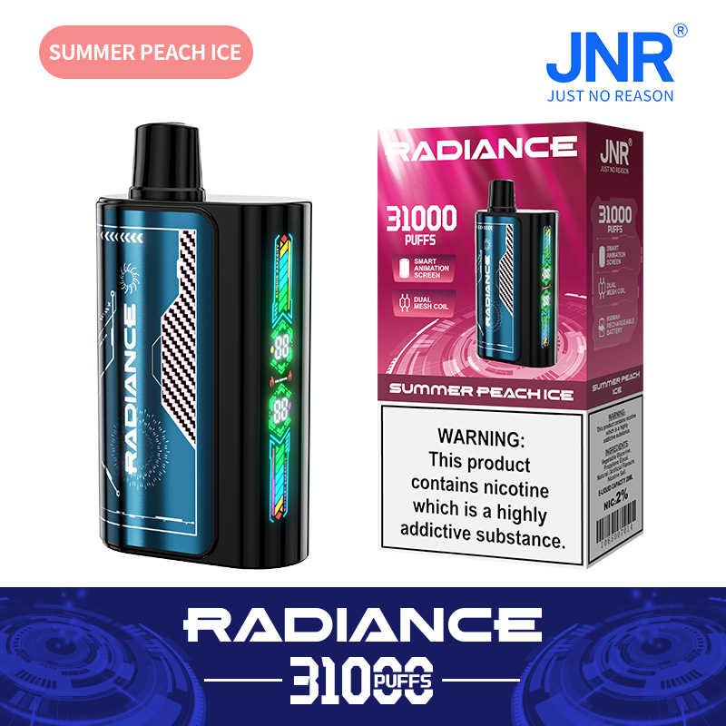 JNR Radiance 31000 Puffs Disposable Vape – Summer Peach Ice | 28ml, Dual Mesh, LED Display, USB-C Rechargeable