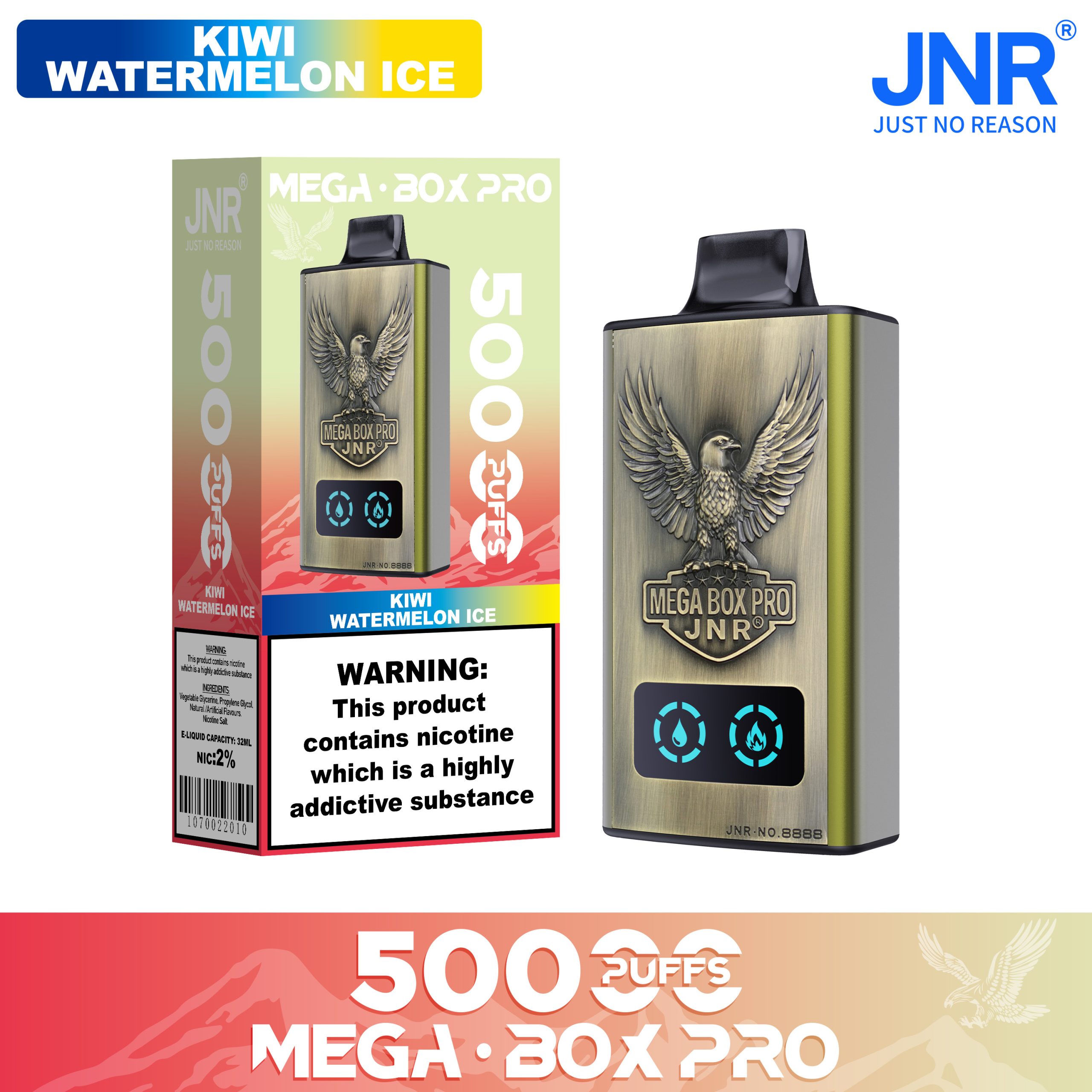 JNR Mega Box Pro Kiwi Watermelon Ice – 50000 Puffs, 32ml, Dual Mesh, 850mAh, Type‑C (0%/2%/5%)