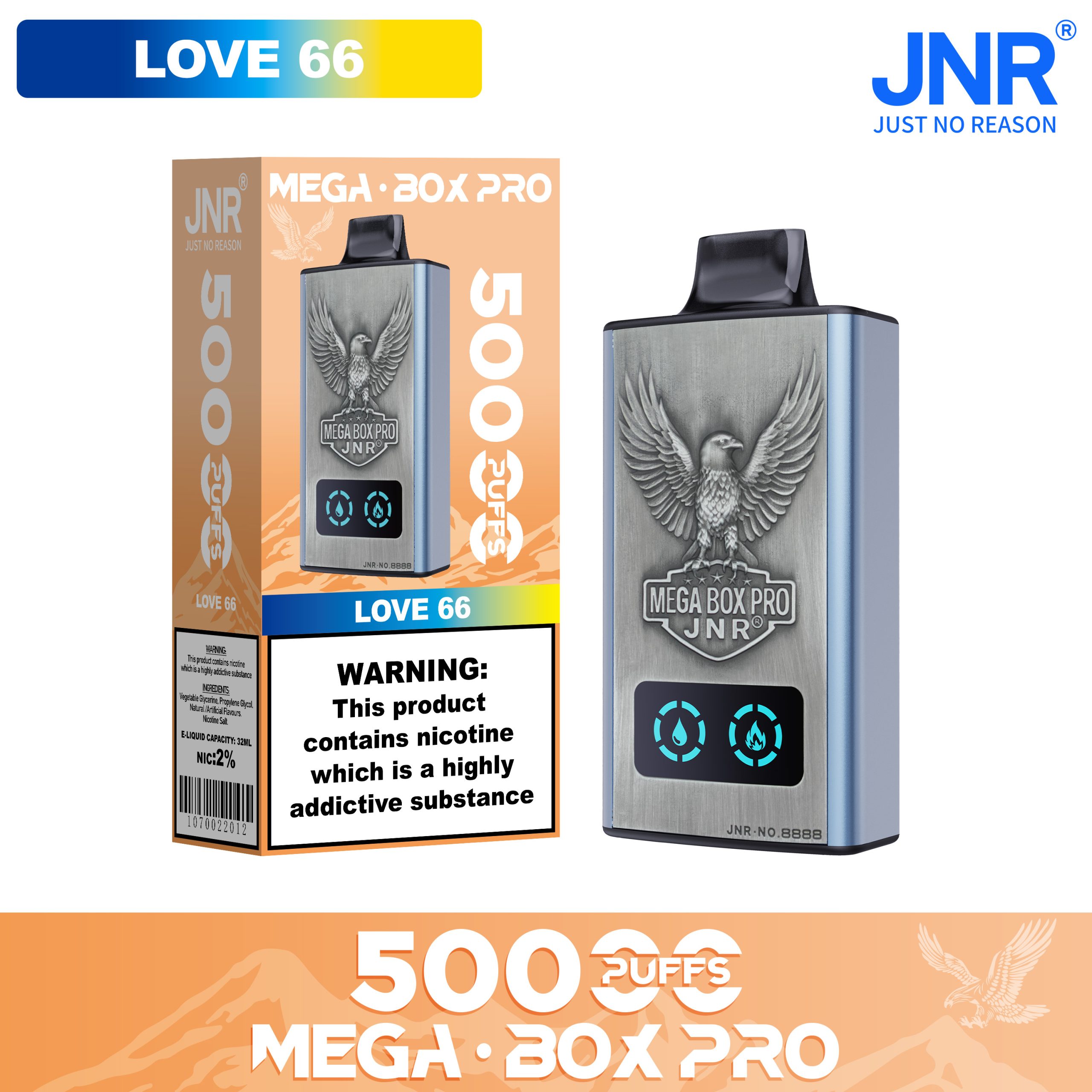 JNR Mega Box Pro Love 66 50000 Puffs Disposable Vape | 32ml, Dual Mesh, LED Display, Type‑C