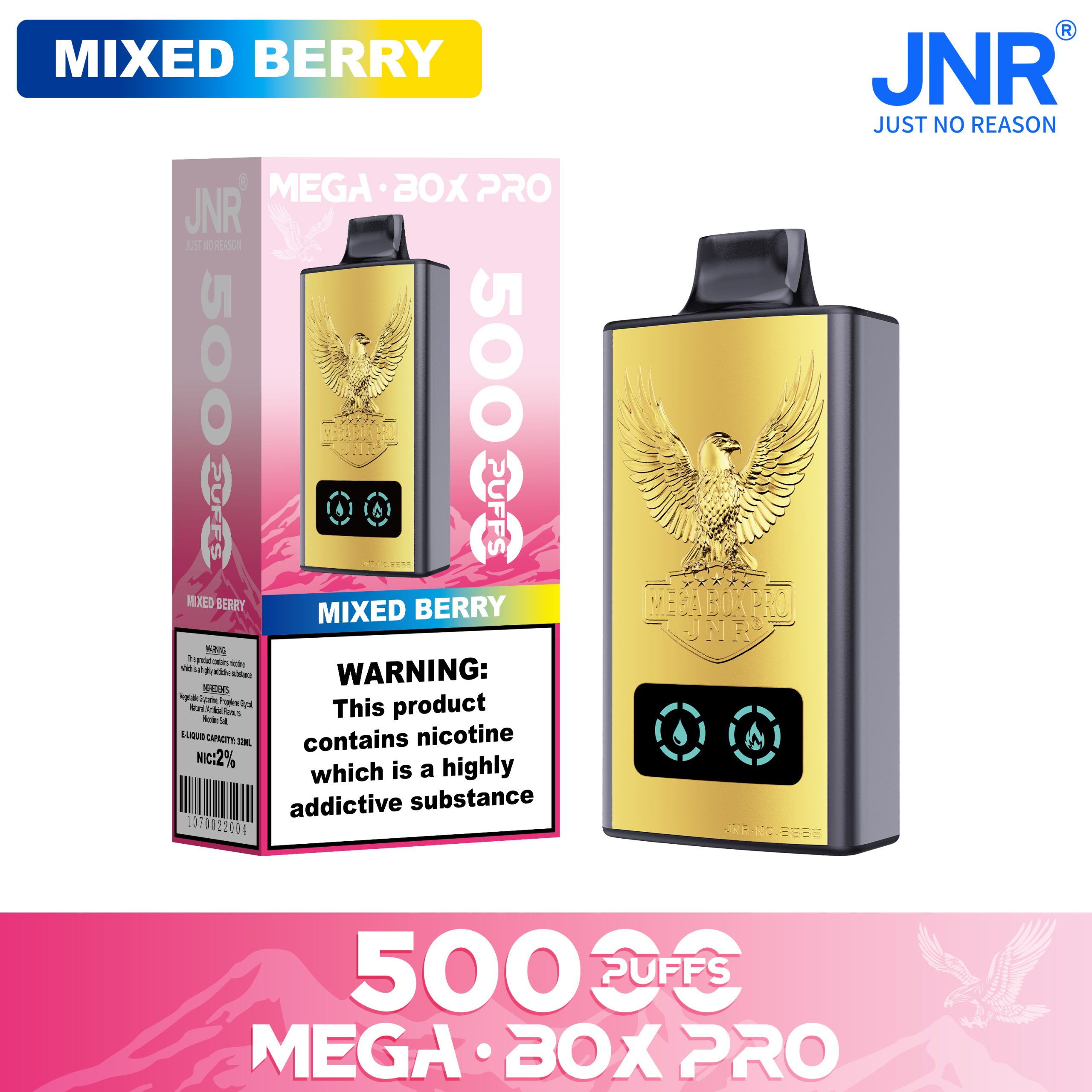 JNR Mega Box Pro 50000 Puffs Mixed Berry (32ml) – Dual Mesh, LED Display, USB‑C Rechargeable