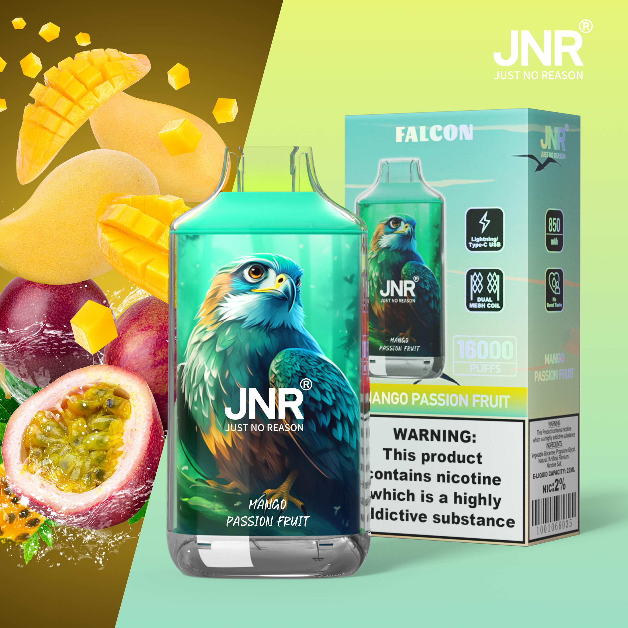 JNR Falcon 16000 Puffs Mango Passion Fruit Disposable Vape (22ml, Dual Mesh, Adjustable Airflow)