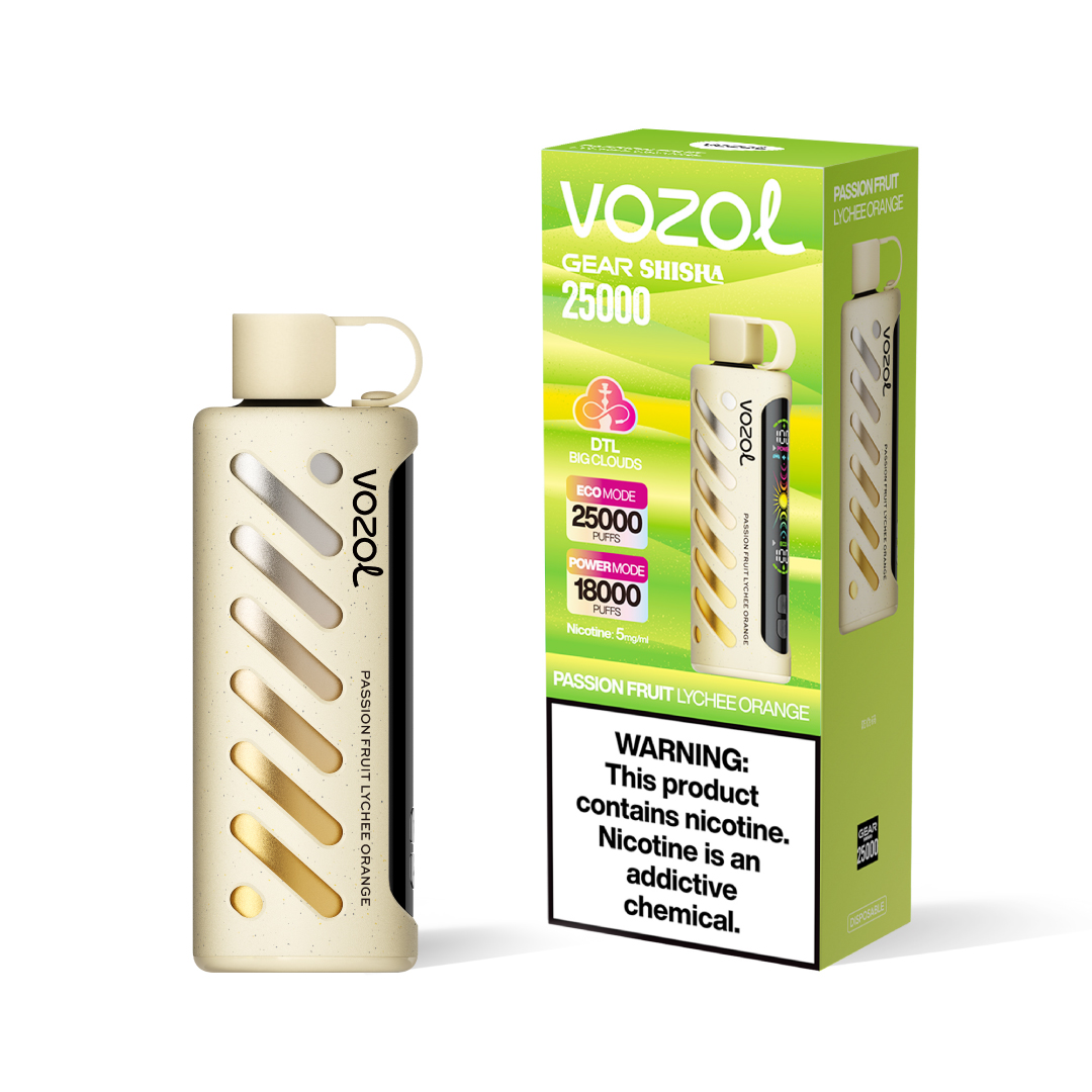 Vozol Gear Shisha 25K Puffs Passion Fruit Lychee Orange Disposable Vape (24ml, 5% Nicotine, Rechargeable)