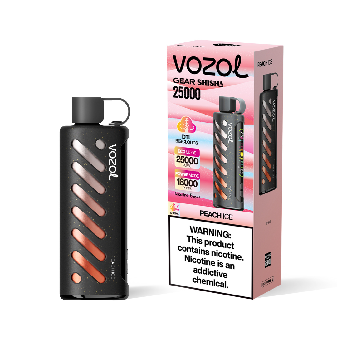 Vozol Gear Shisha 25K Puffs Peach Ice – Dual Mesh, 24ml, 1000mAh, Smart Display (5% Nic)