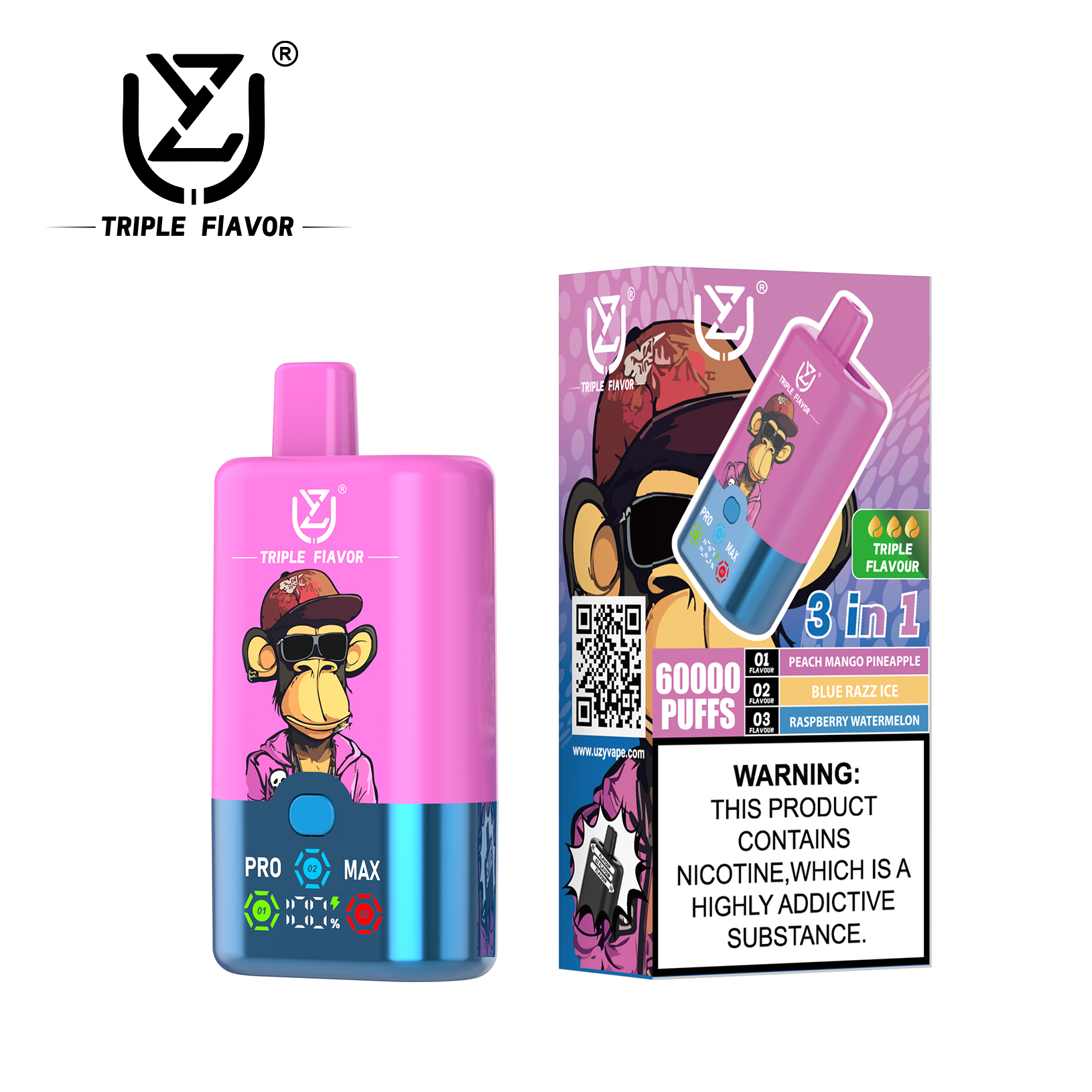 UZY Triple Flavor 60000 Puffs Disposable Vape – Peach Mango Pineapple / Blue Razz Ice / Raspberry Watermelon (54ml, 850mAh, Type‑C)