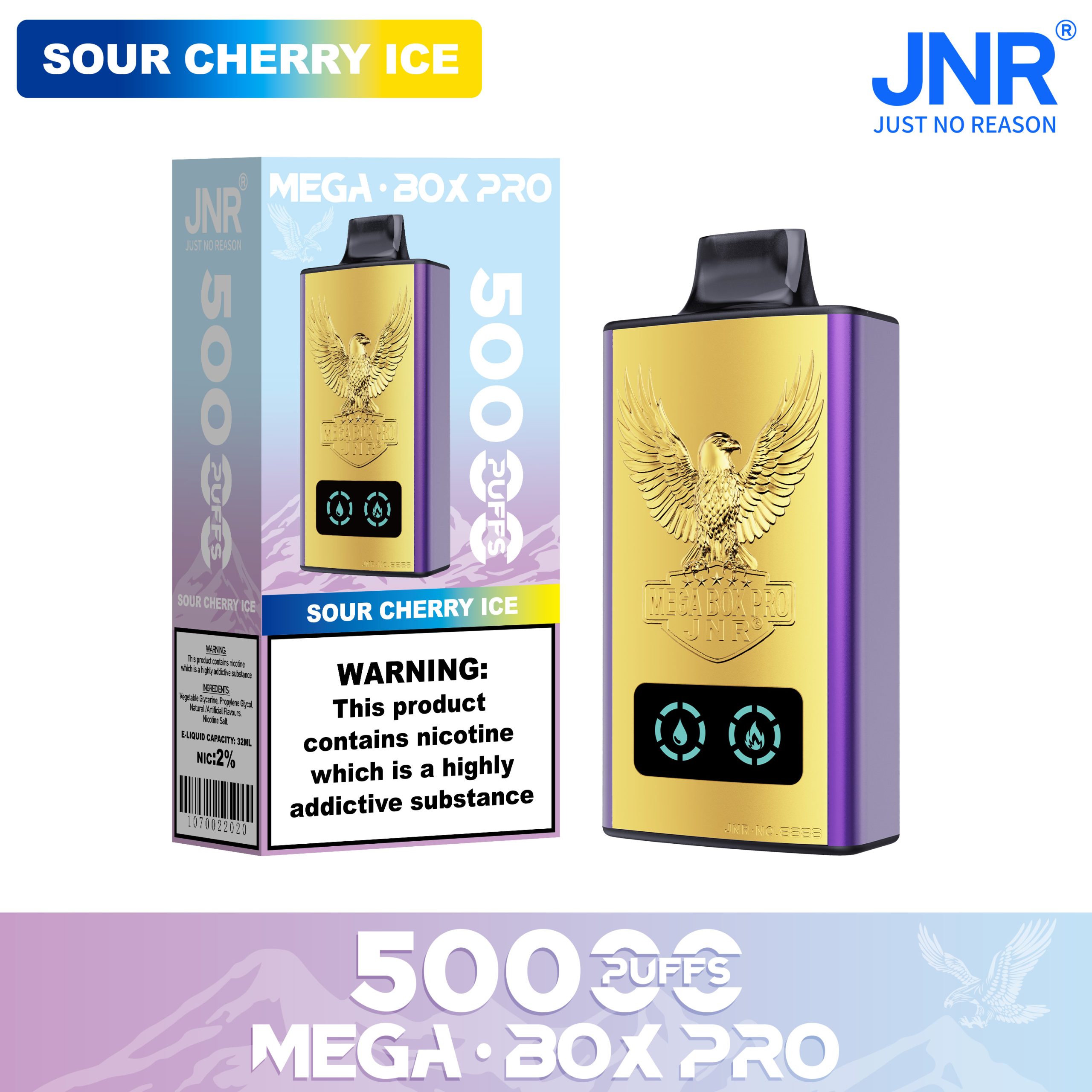 JNR Mega Box Pro Sour Cherry Ice 50000 Puffs – 32ml, 850mAh, Dual Mesh, Type‑C (0/2/5% Nic)