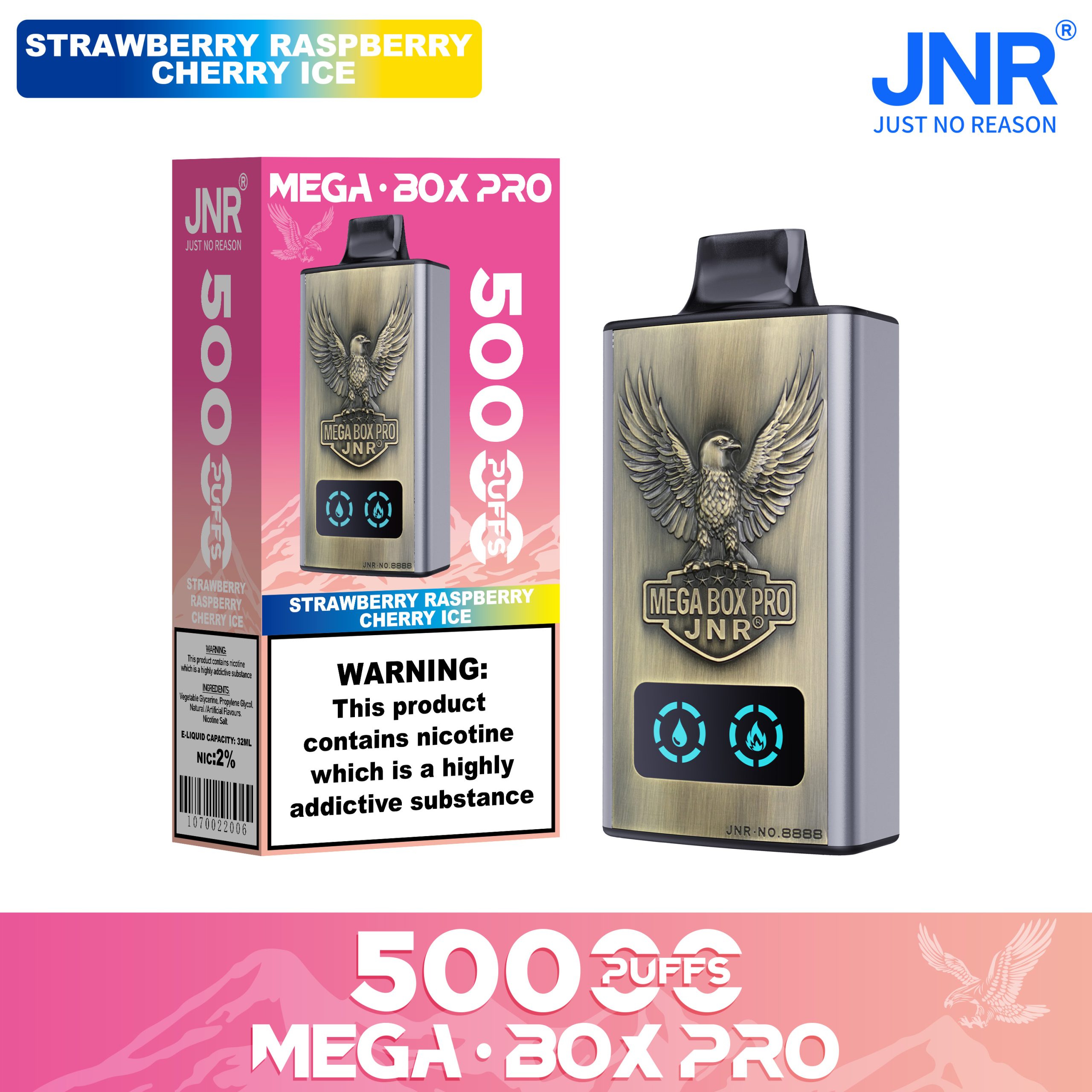 JNR Mega Box Pro 50000 Puffs Strawberry Raspberry Cherry Ice (32ml, Rechargeable, Display)