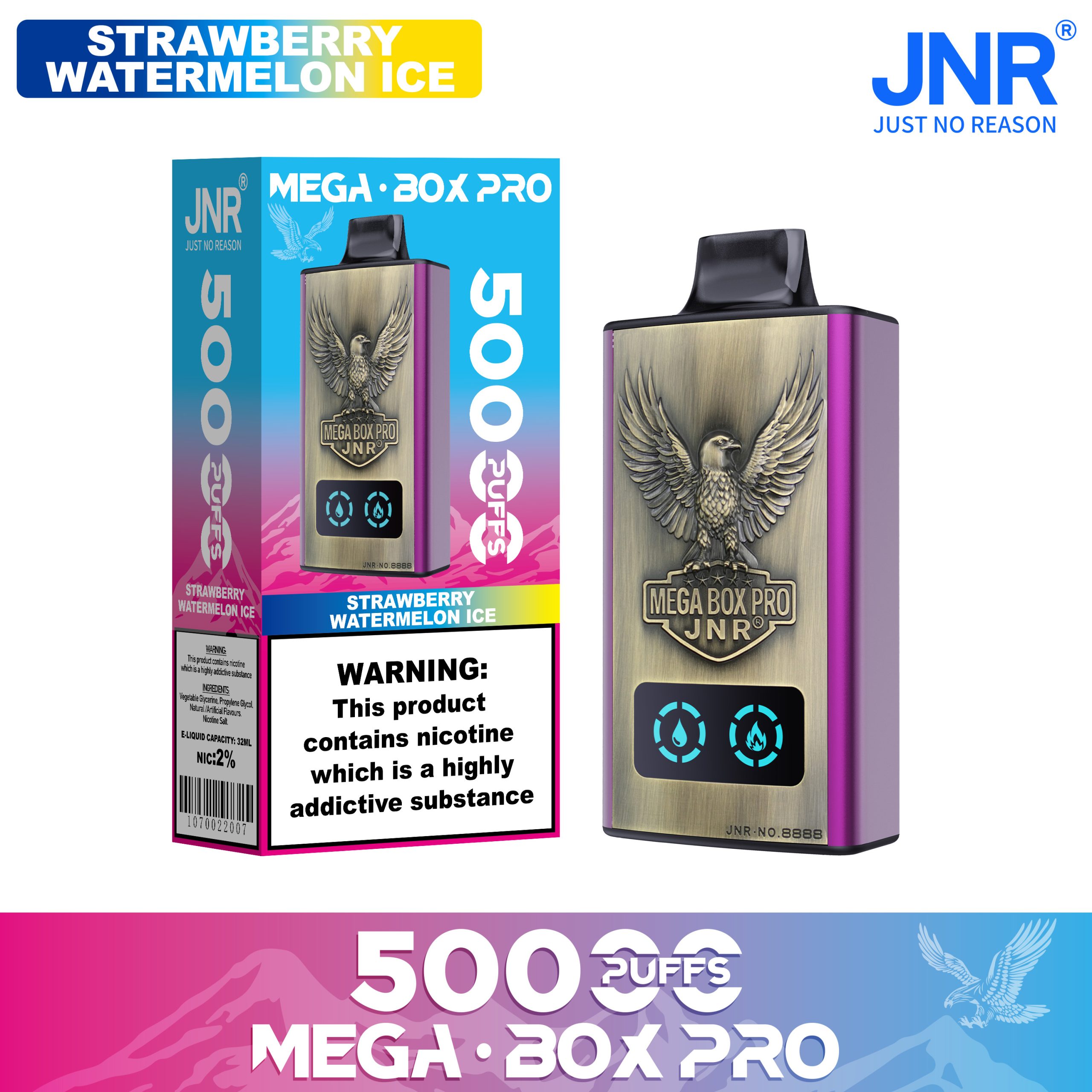JNR Mega Box Pro Strawberry Watermelon Ice 50000 Puffs (32ml, 850mAh, Type‑C, Display)