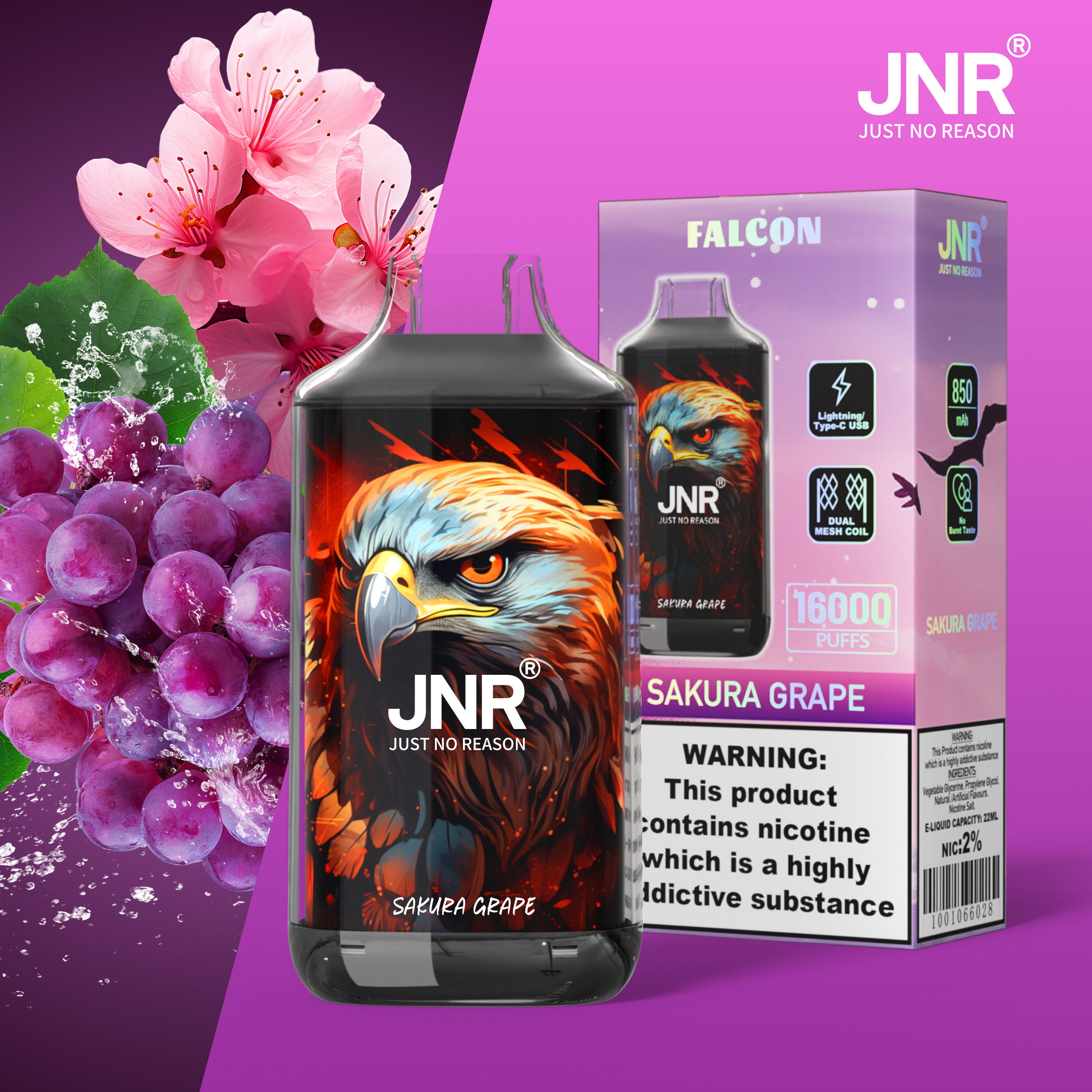 JNR Falcon 16000 Puffs Sakura Grape Disposable Vape (22ml, Dual Mesh, Adjustable Airflow)