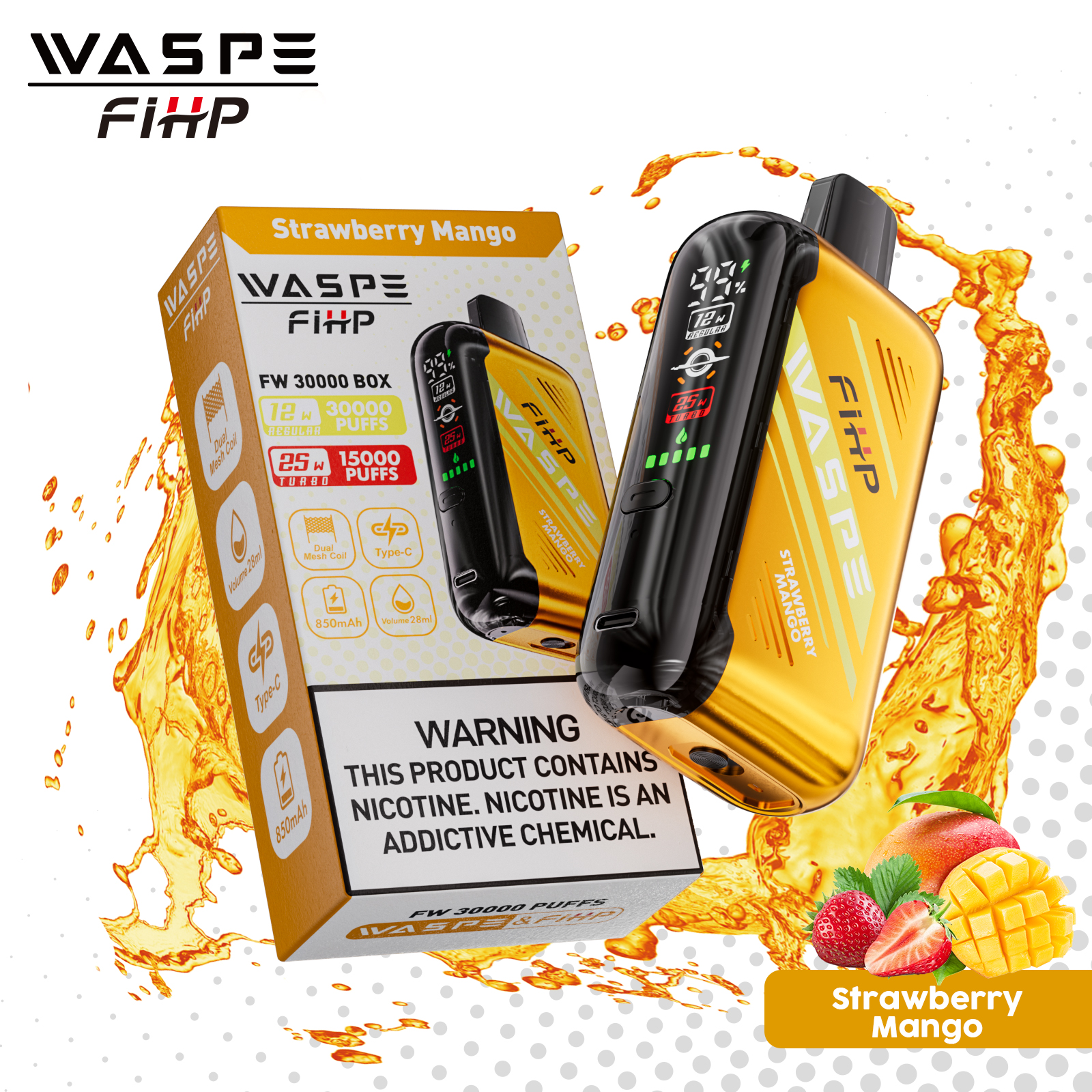 WASPE FW-30000 Strawberry Mango Disposable Vape – Up to 30,000 Puffs, 28ml, Dual Mesh Coil, LED Display, Adjustable Airflow, Type‑C Rechargeable