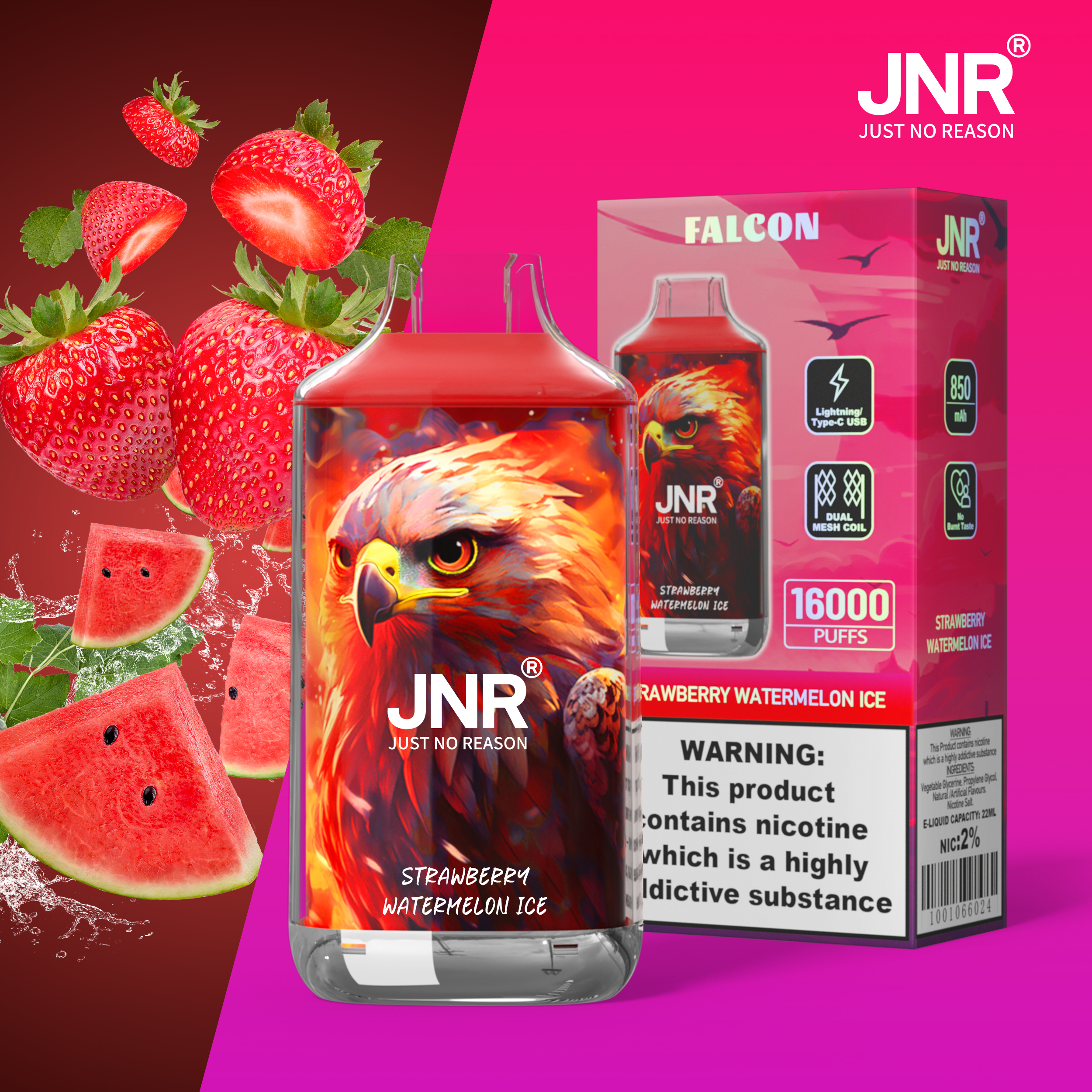 JNR Falcon 16000 Puffs Strawberry Watermelon Ice Disposable Vape (22ml, Dual Mesh, Adjustable Airflow)