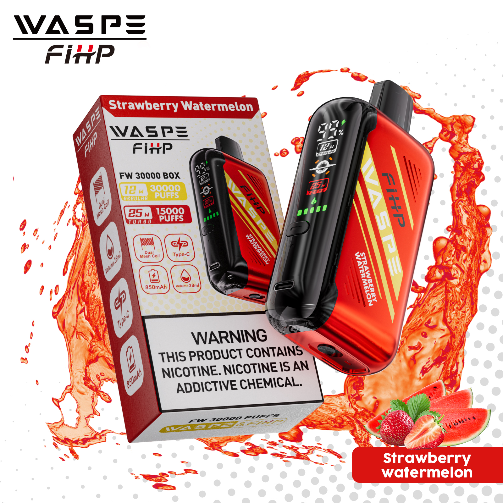 WASPE FW-30000 Puffs Disposable Vape – Strawberry Watermelon, Dual Mesh Coil, LED Display, Adjustable Airflow