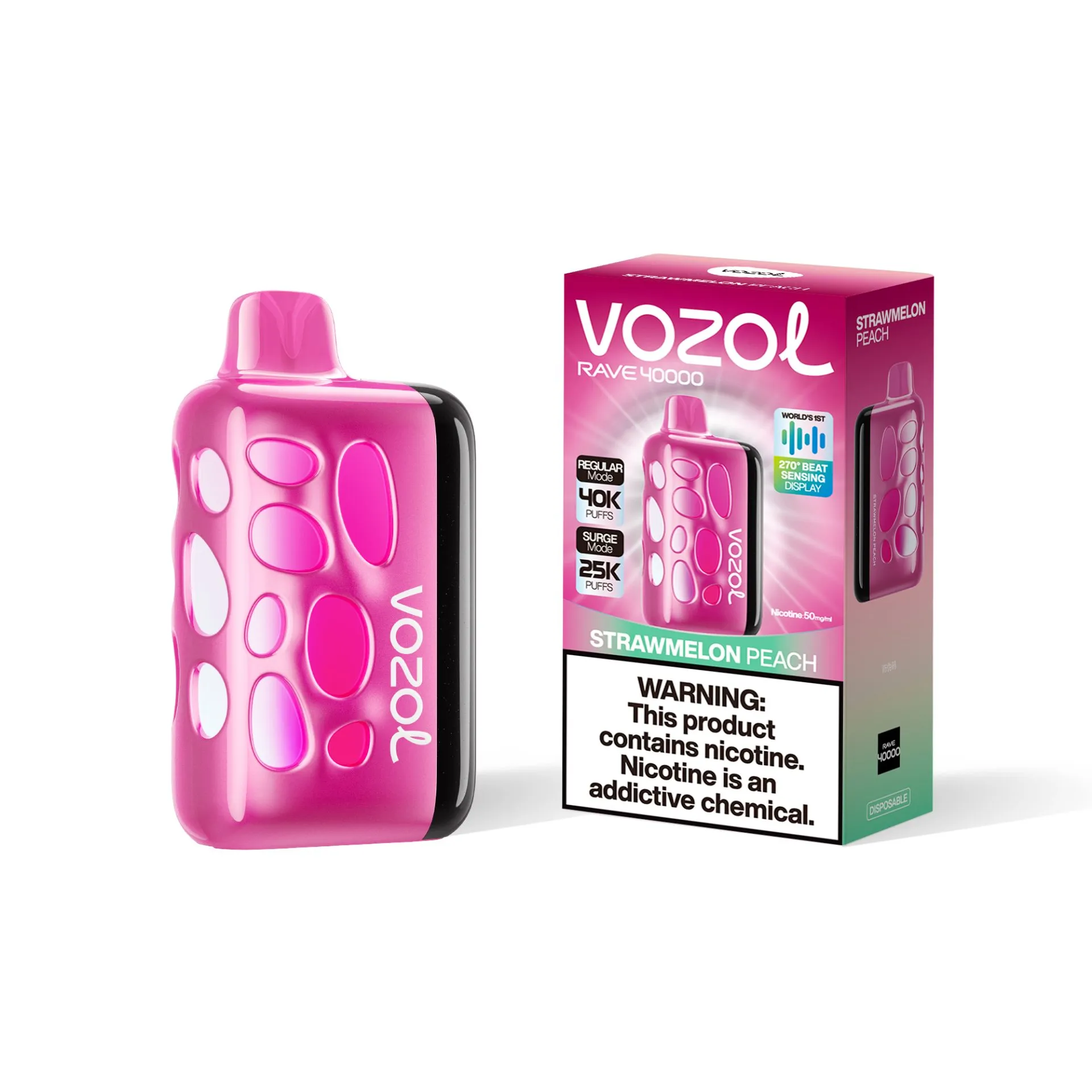 Vozol Rave 40000 Puffs Strawmelon Peach (5% Nic) – Strawberry Melon Peach Disposable Vape with Touchscreen & 270° RGB Light