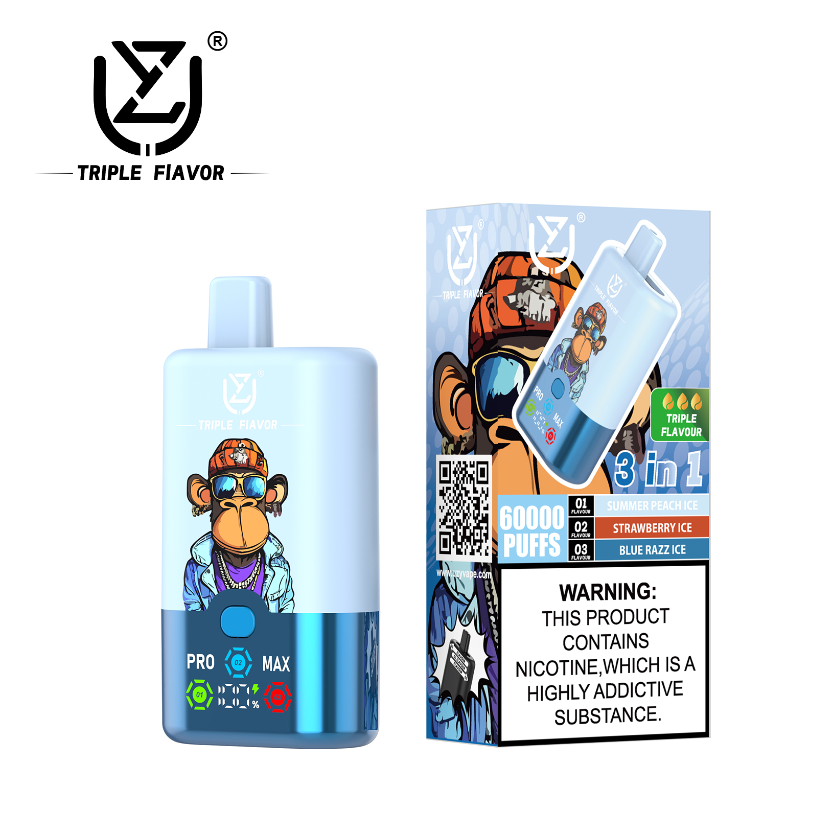 UZY Triple Flavor 60000 Puffs Disposable Vape – Summer Peach Ice / Strawberry Ice / Blue Razz Ice (54ml, 850mAh, Type‑C)