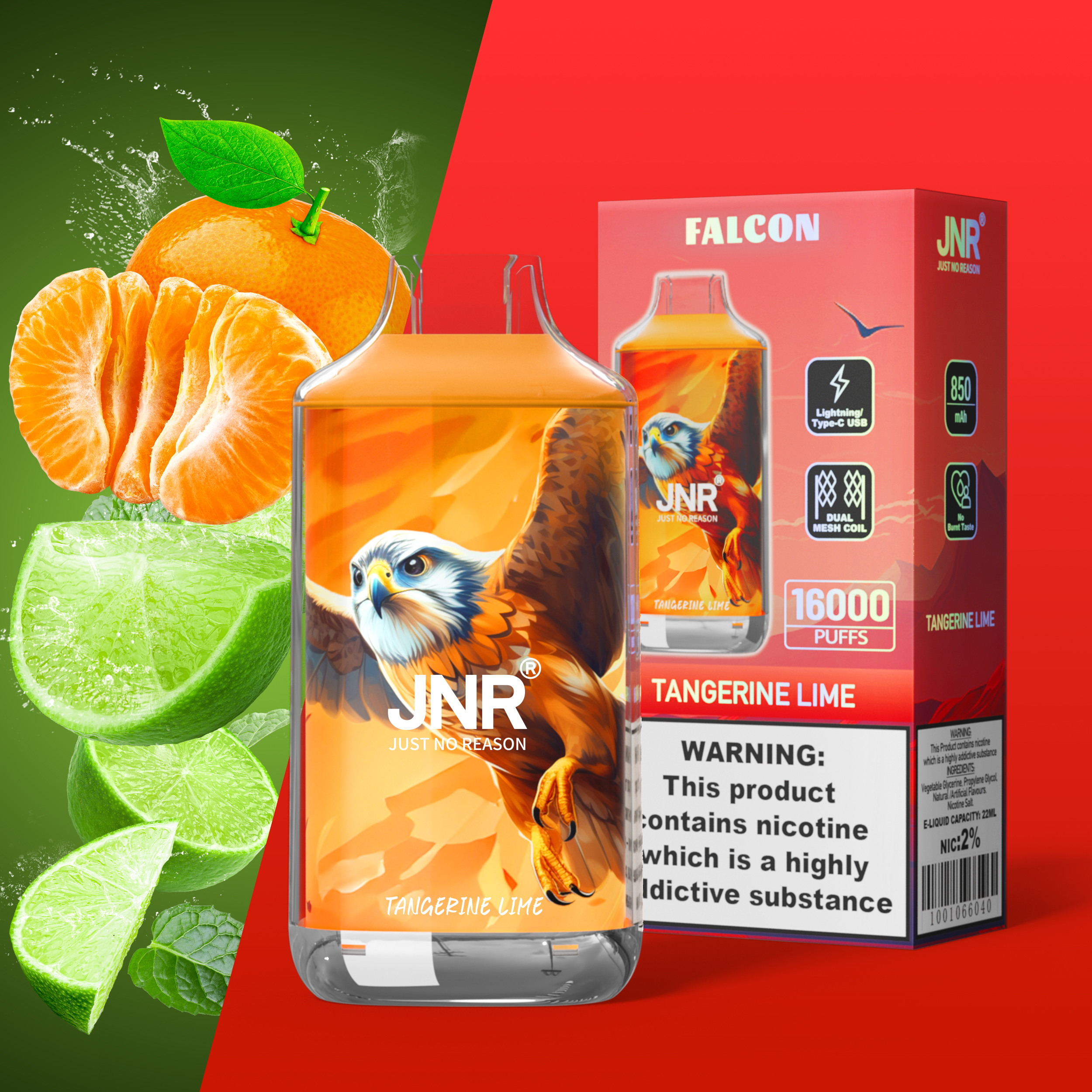 JNR Falcon 16000 Puffs Tangerine Lime Disposable Vape (22ml, Dual Mesh, Adjustable Airflow)