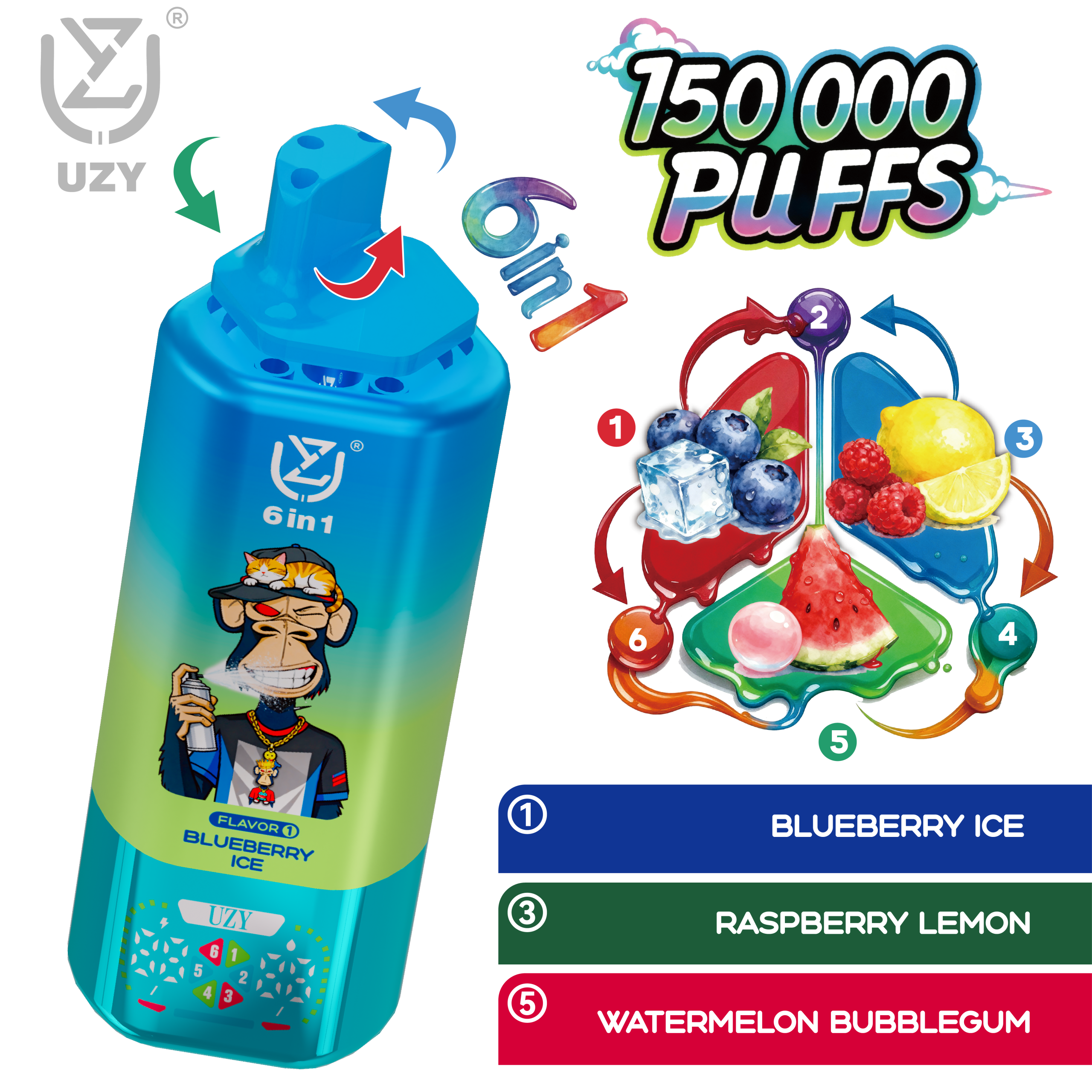 UZY 6-in-1 Disposable Vape 150000 Puffs (64ml, Rechargeable, Display) – Blueberry Ice / Raspberry Lemon / Watermelon Bubblegum