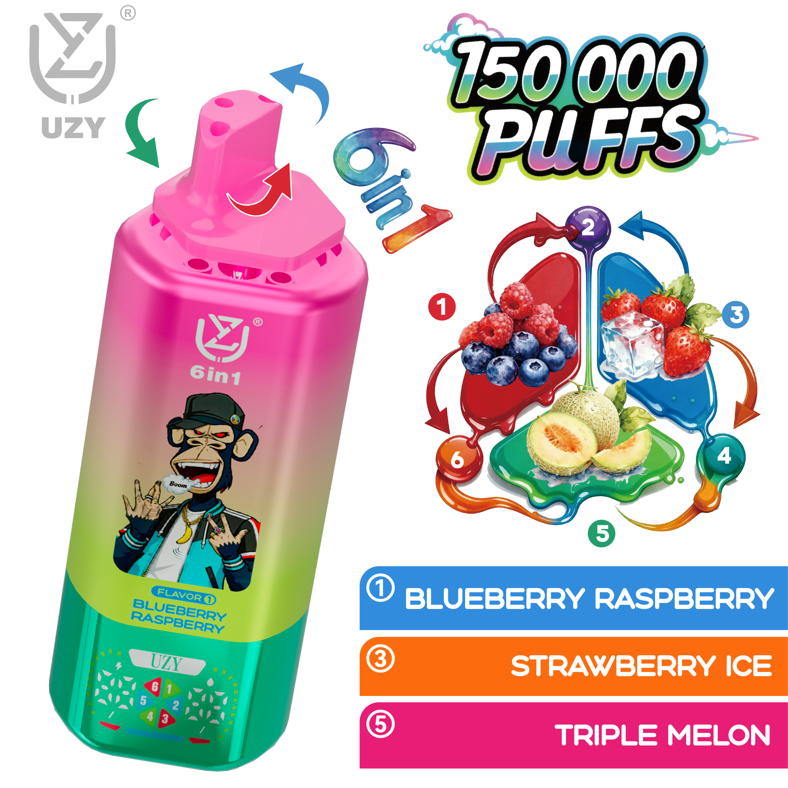UZY 6-in-1 Disposable Vape 150000 Puffs (64ml, 650mAh, Display) – Blueberry Raspberry / Triple Melon / Strawberry Ice