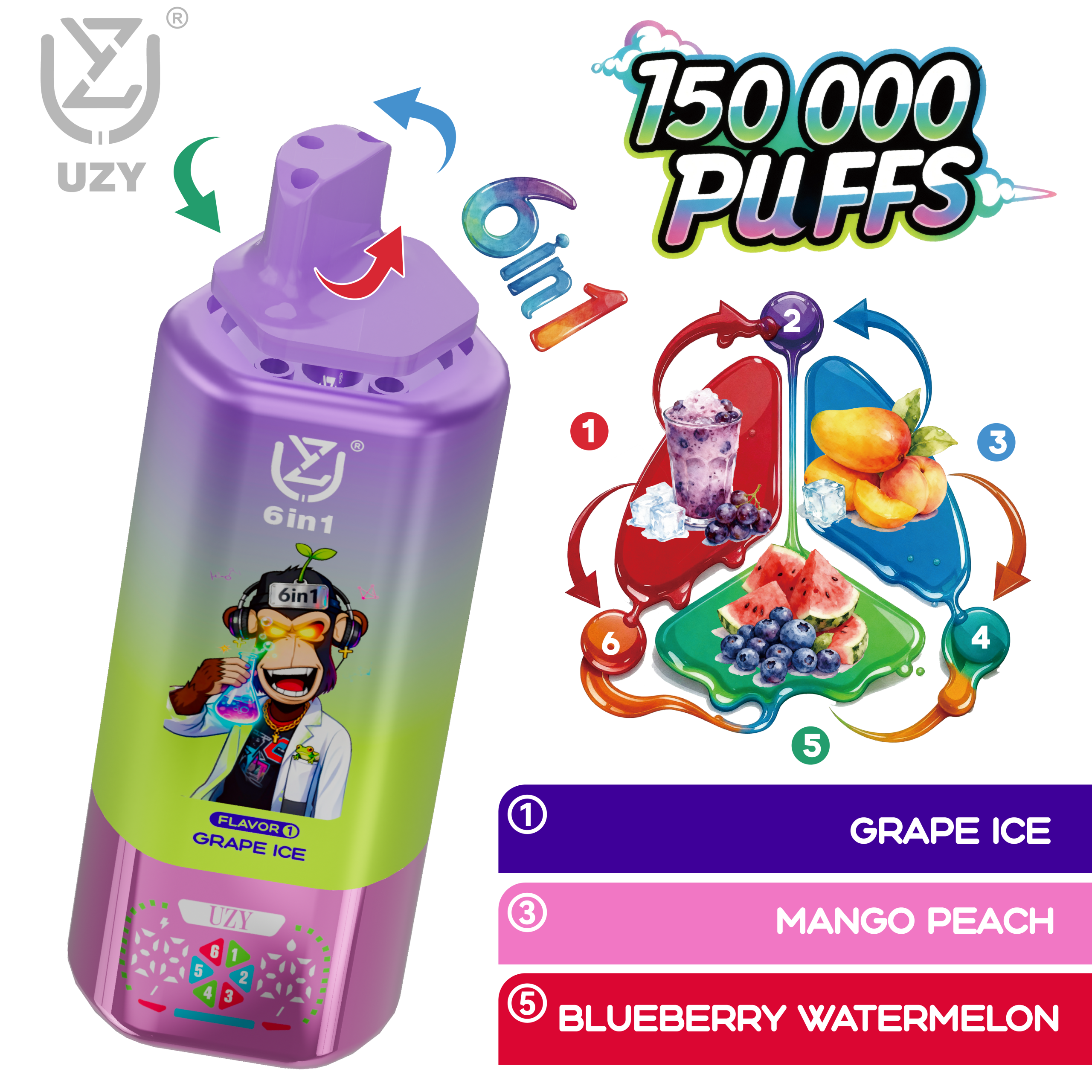 UZY 6-in-1 150000 Puffs Disposable Vape – Grape Ice / Mango Peach / Blueberry Watermelon (64ml, Display, Rechargeable 650mAh)