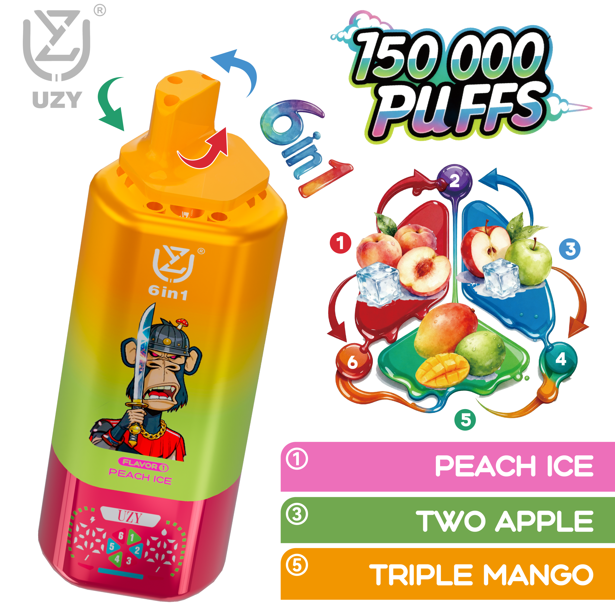 UZY 6-in-1 150000 Puffs Disposable Vape (Peach Ice / Two Apple / Triple Mango) – 64ml, 650mAh, Display