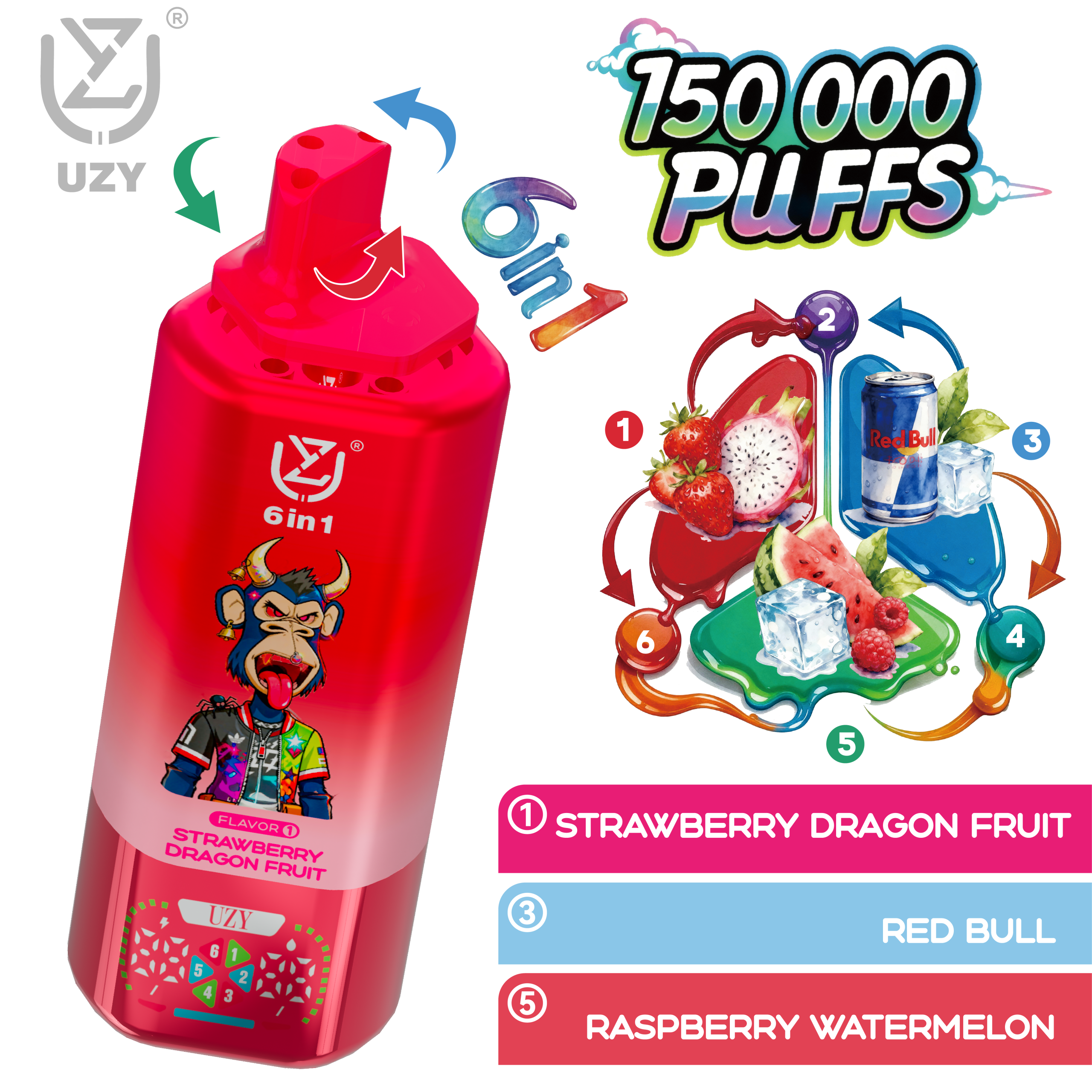 UZY 6-in-1 Disposable Vape 150000 Puffs – Strawberry Dragon Fruit / Red Bull / Raspberry Watermelon (0%-5% Nicotine)