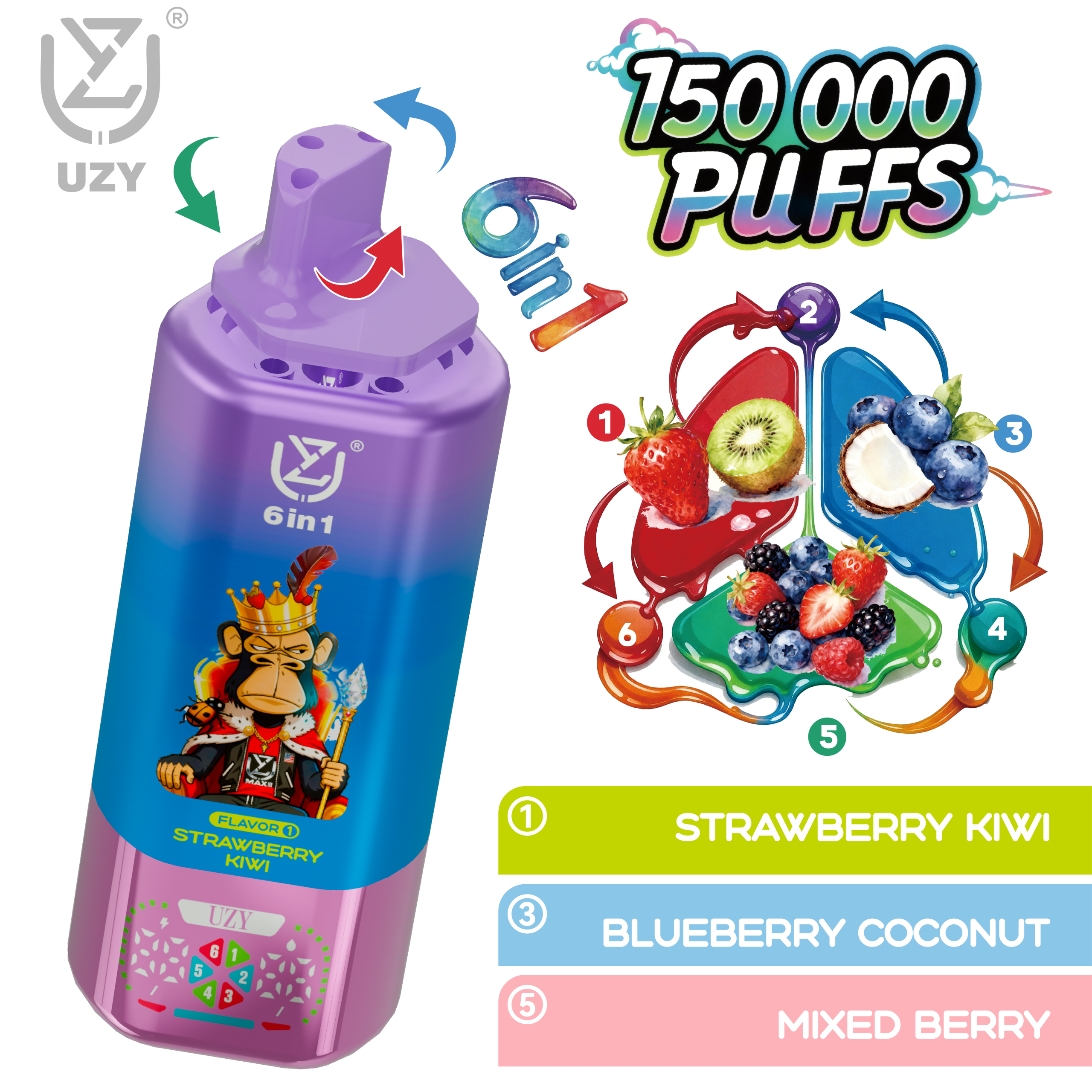 UZY 6-in-1 Disposable Vape 150000 Puffs (Strawberry Kiwi / Blueberry Coconut / Mixed Berry) – 64ml, Rechargeable 650mAh