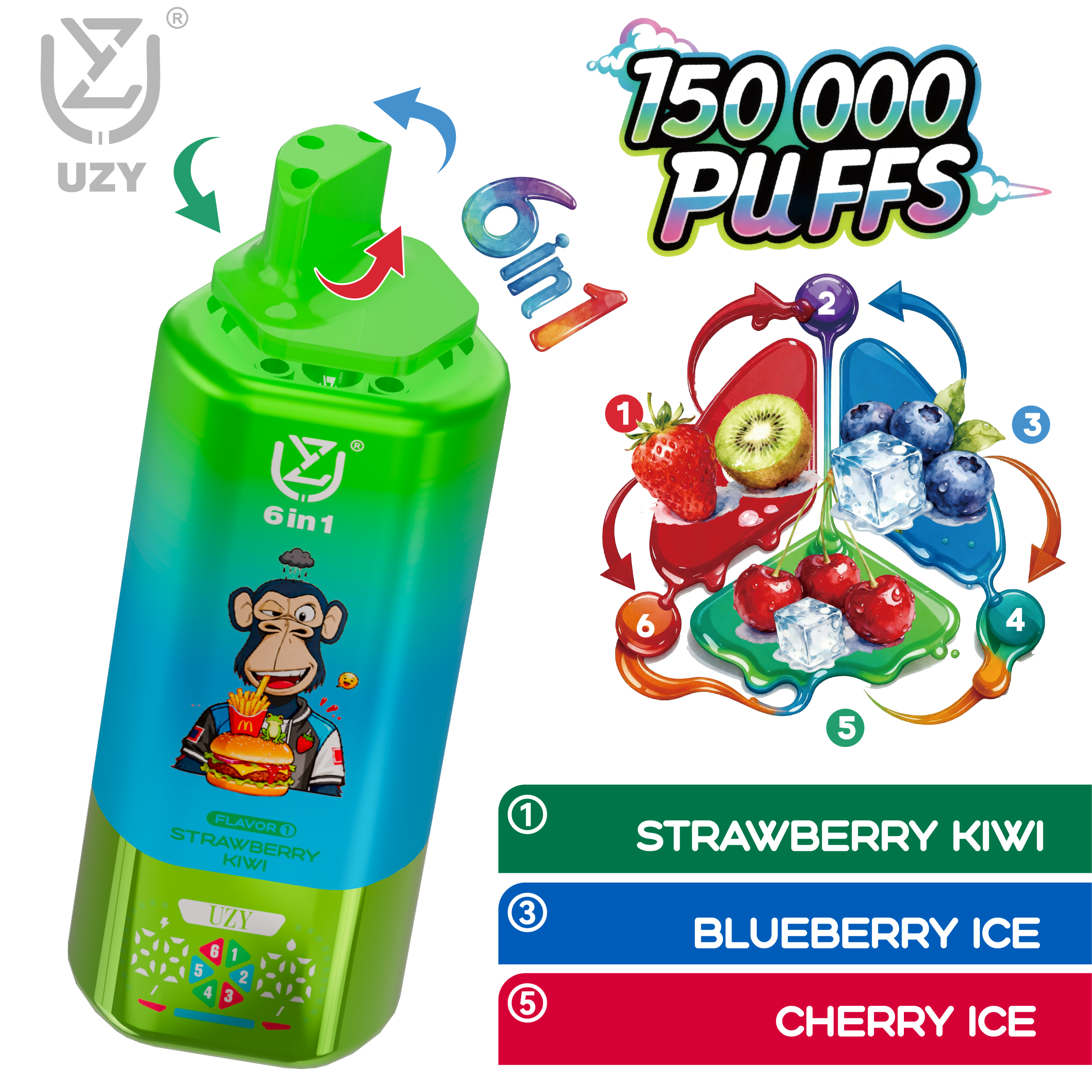 UZY 6-in-1 Disposable Vape 150000 Puffs – Strawberry Kiwi / Blueberry Ice / Cherry Ice (64ml, Rechargeable, Quad Mesh Coil)
