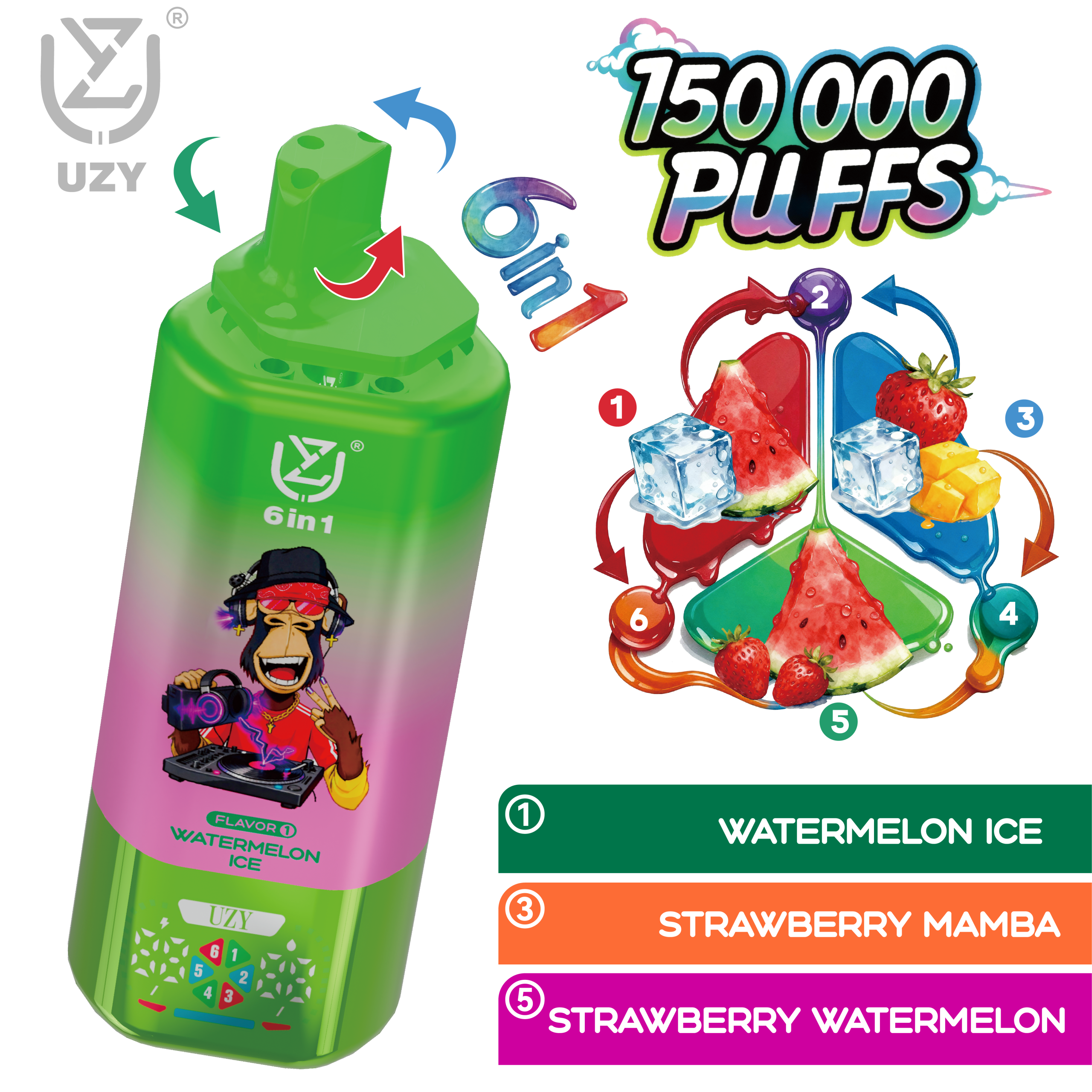 UZY 6-in-1 Disposable Vape 150000 Puffs – Watermelon Ice / Strawberry Mamba / Strawberry Watermelon (Up to 6 Flavors)