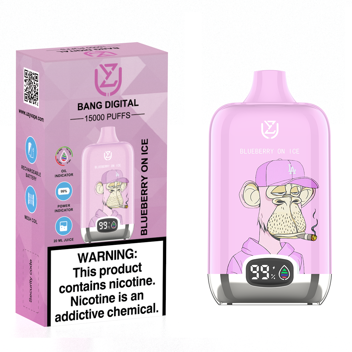 Blueberry On Ice UZY Bang Digital Disposable Vape (15000 Puffs, 20ml, 850mAh, Type‑C)